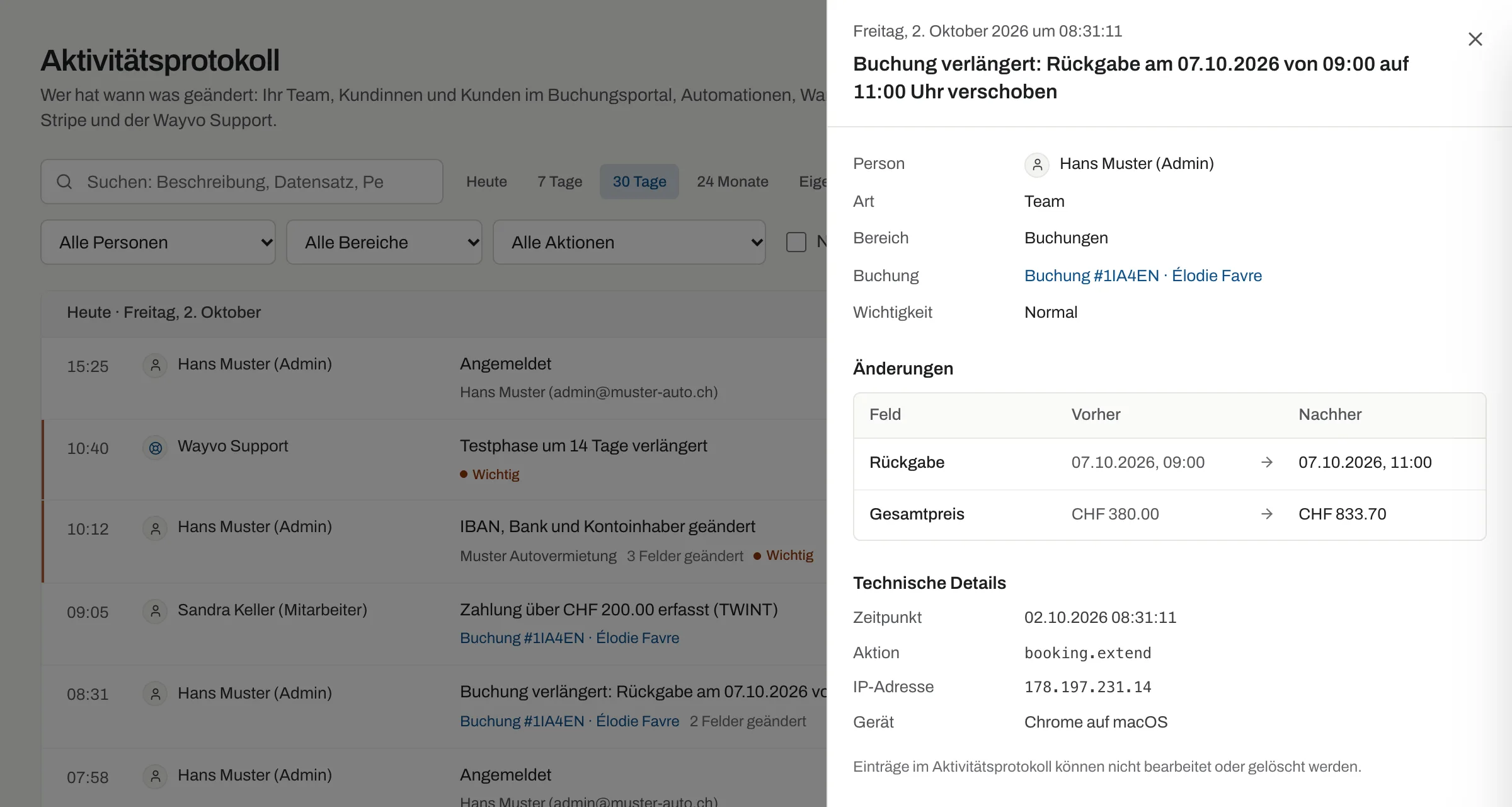 Aktivitätsprotokoll mit Einträgen nach Tag und geöffnetem Eintrag: Rückgabe von 09:00 auf 11:00 verschoben, mit Vorher/Nachher, Person und Gerät