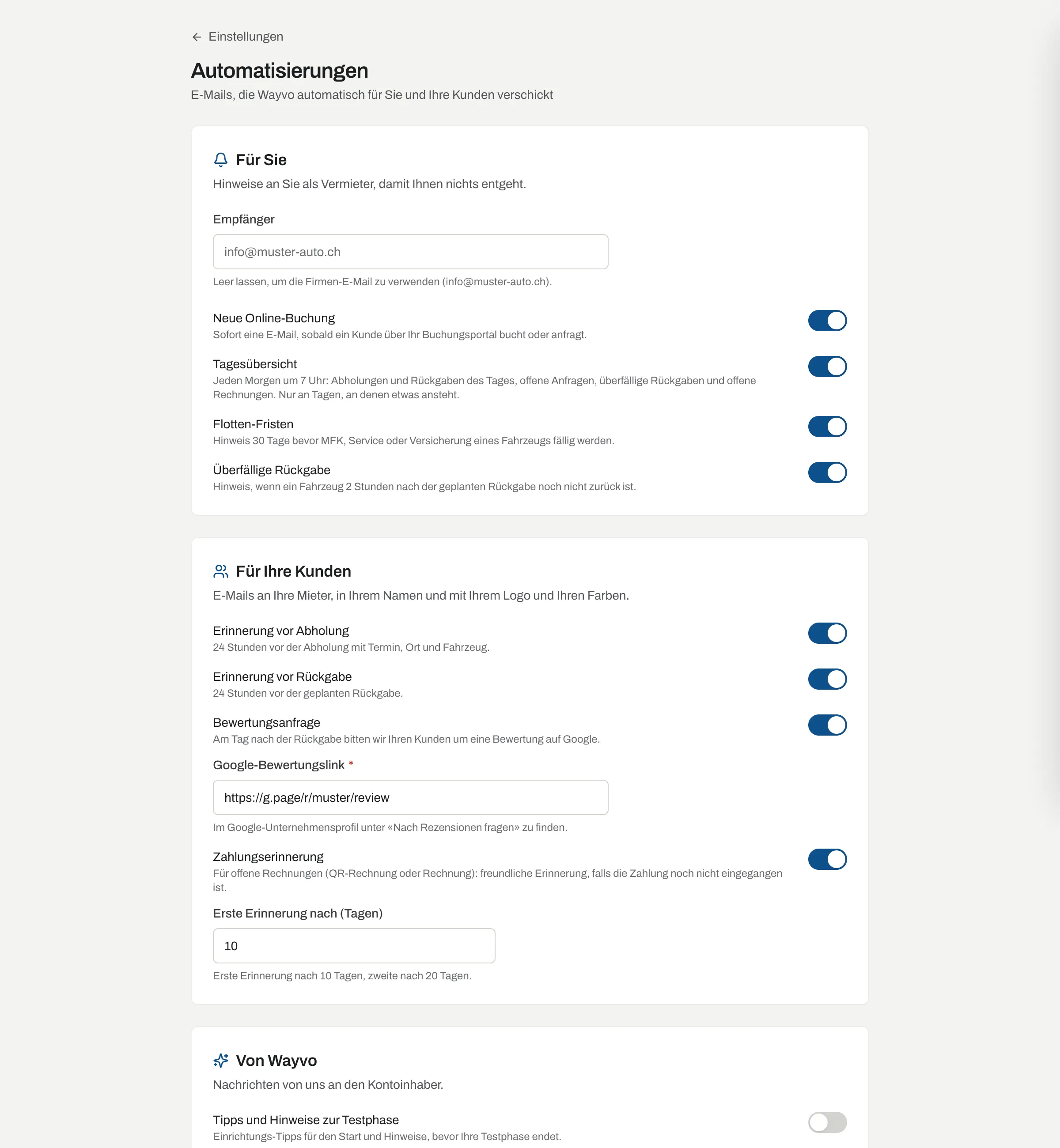 Einstellungen Automationen, gruppiert in «Für Sie», «Für Ihre Kunden» und «Von Wayvo»