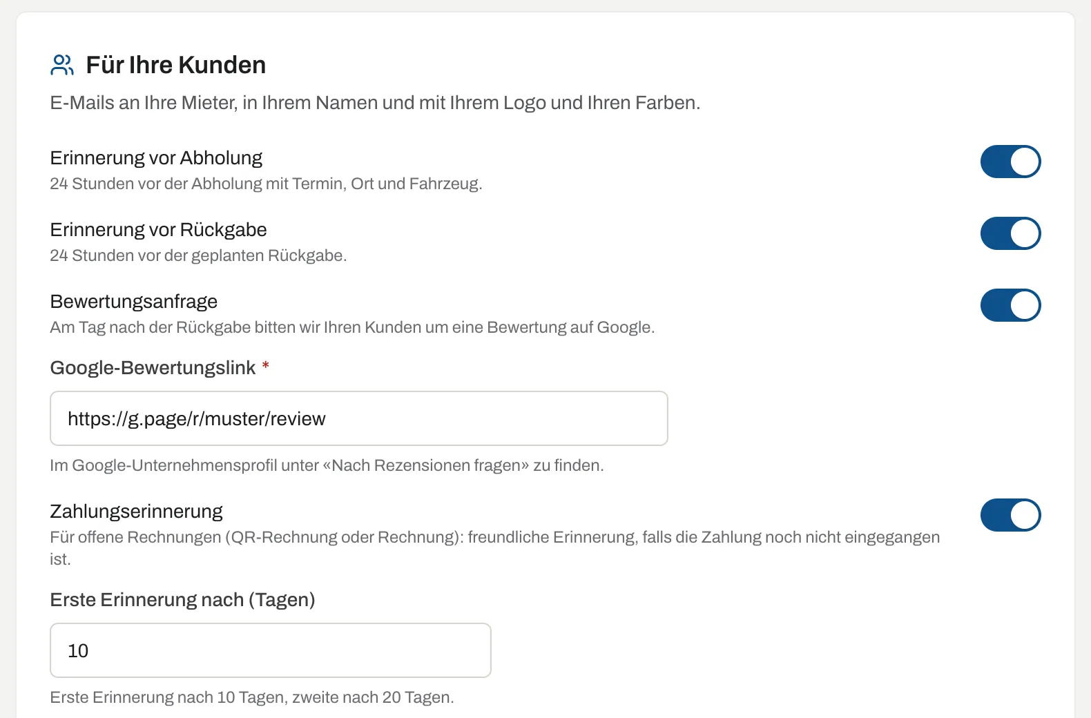 Automationen für Kunden: Erinnerung vor Abholung und Rückgabe, Bewertungsanfrage und Zahlungserinnerung nach 10 Tagen