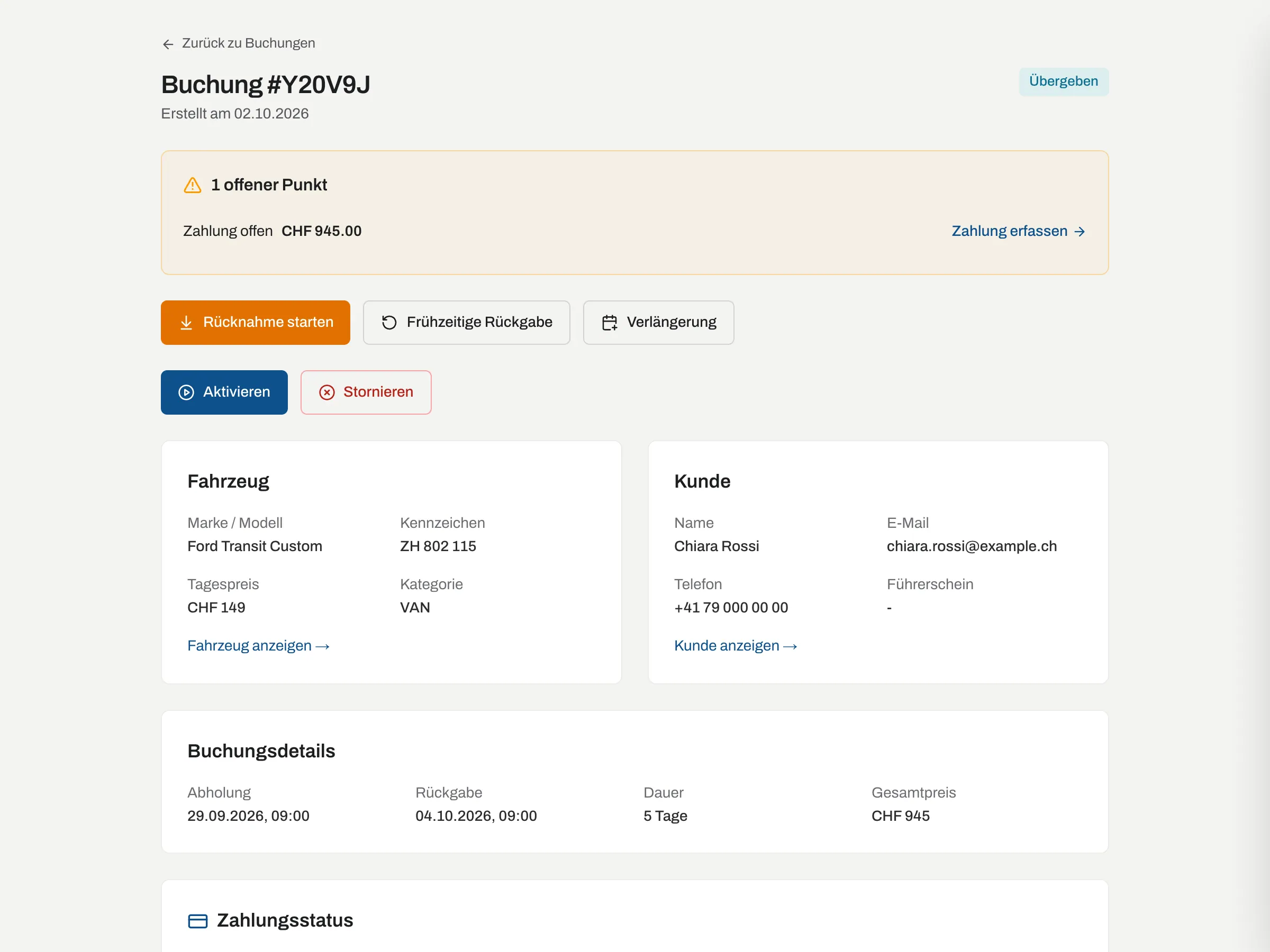 Buchungsdetail mit Knöpfen für Rücknahme, frühzeitige Rückgabe und Verlängerung