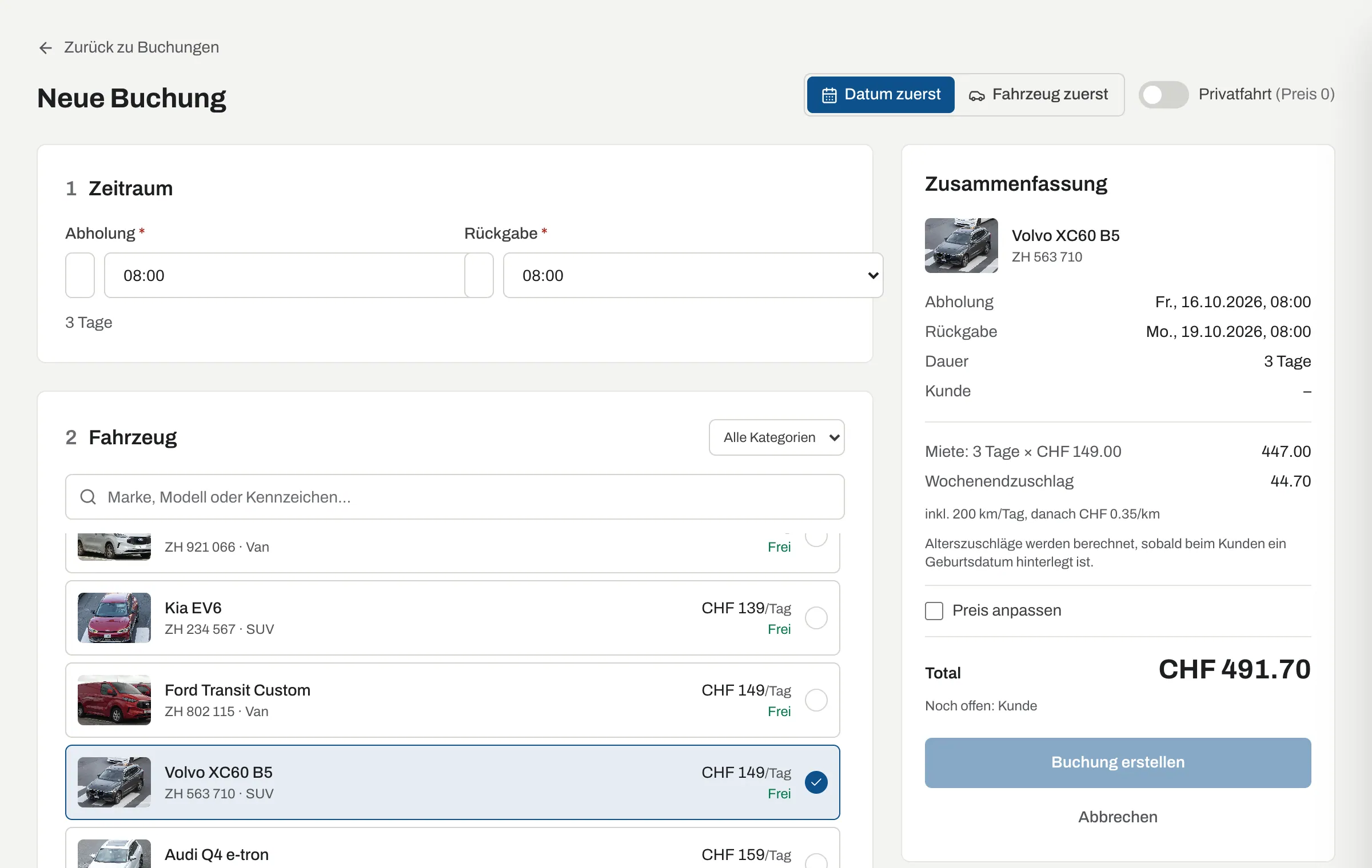 Neue Buchung im Dashboard mit Zeitraum, freien Fahrzeugen und Preisberechnung