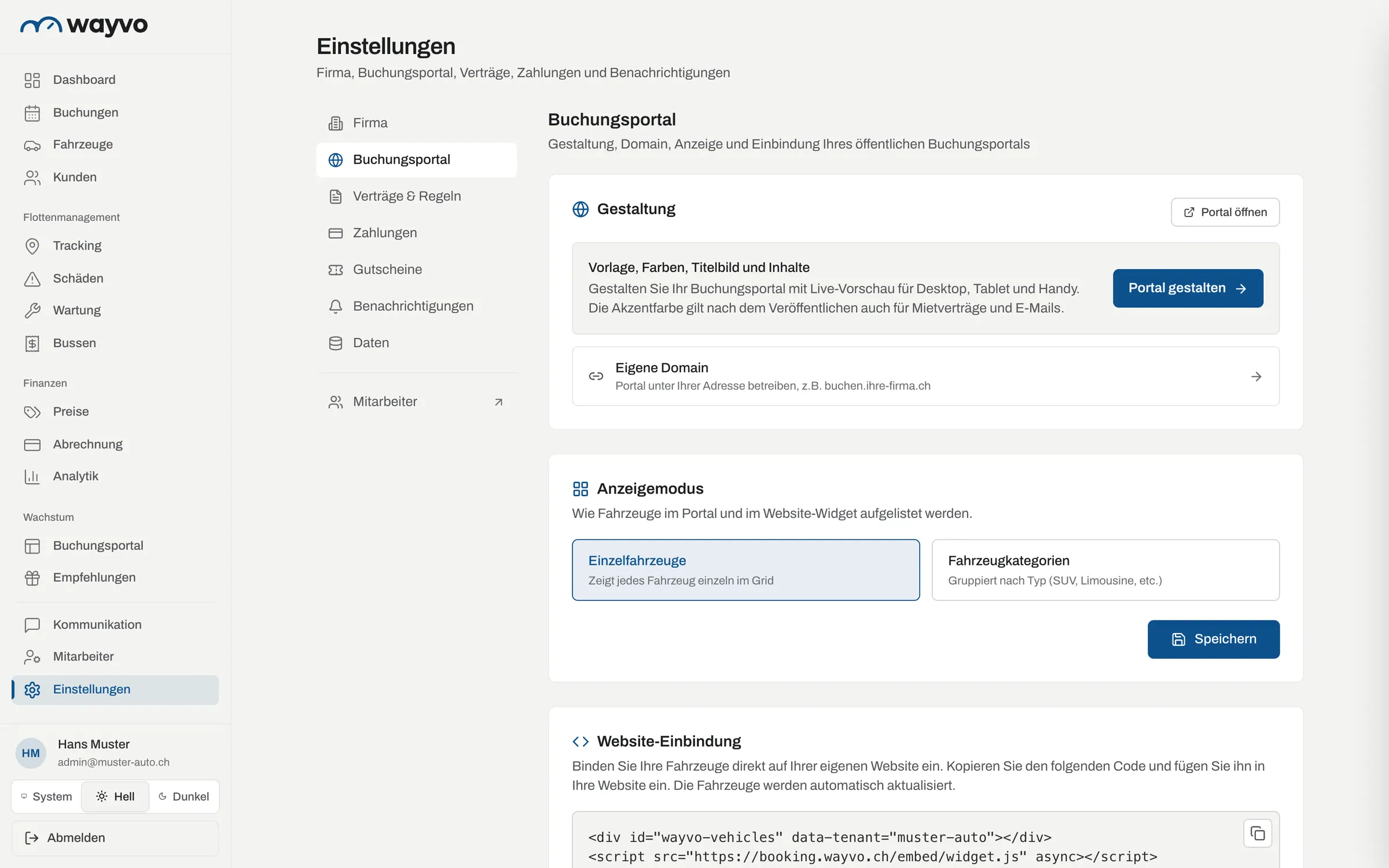 Einstellungen Buchungsportal mit Anzeigemodus und Code-Schnipsel für die Website-Einbindung