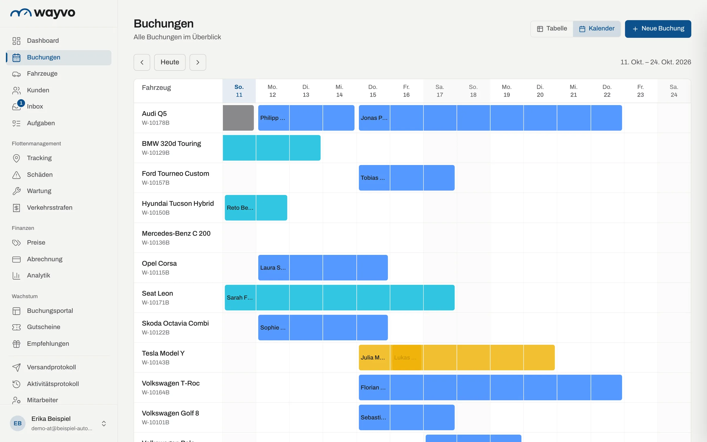 Belegungskalender mit Buchungen pro Fahrzeug