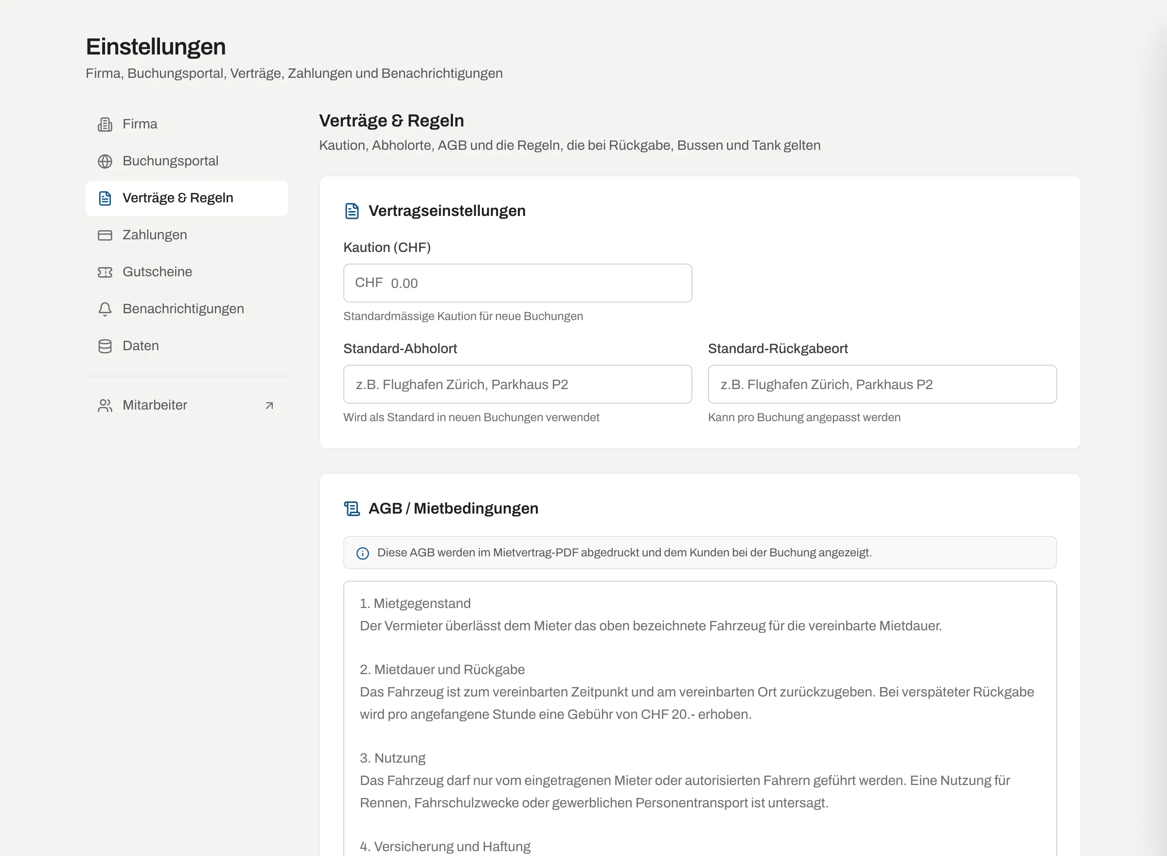 Einstellungen «Verträge & Regeln» mit Kaution, Abholort, AGB und Tankregelung