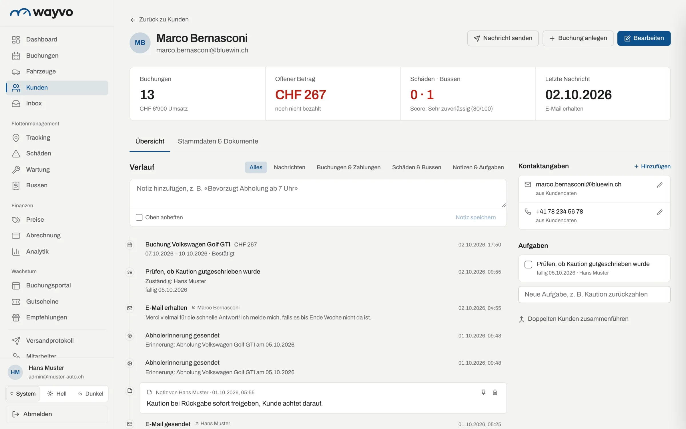 Kundenakte von Marco Bernasconi mit Kennzahlen, Verlauf aus Nachrichten, Buchungen und Zahlungen, Kontaktangaben und Aufgaben
