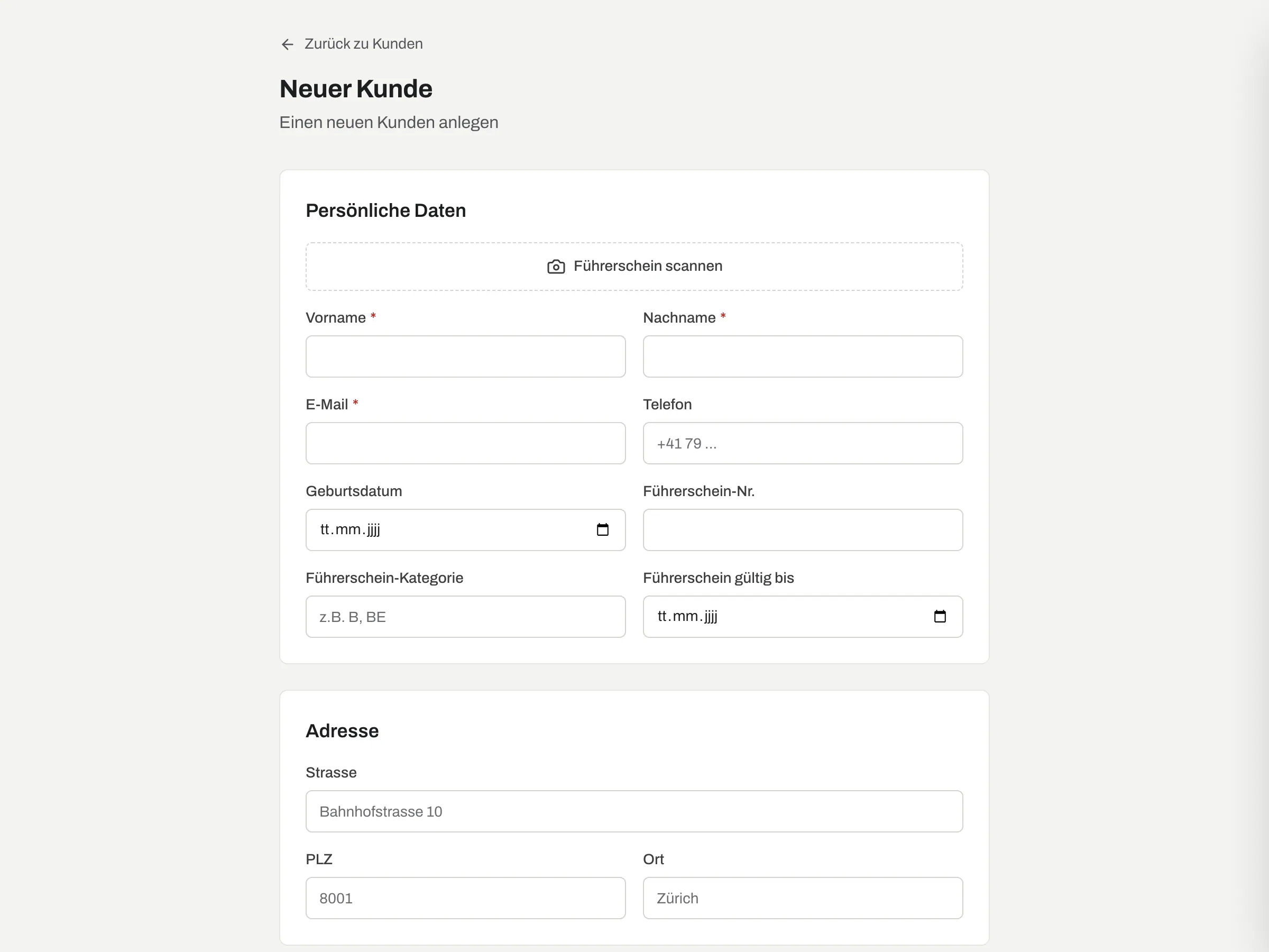 Neuer Kunde mit Führerausweis-Scan für Vorder- und Rückseite