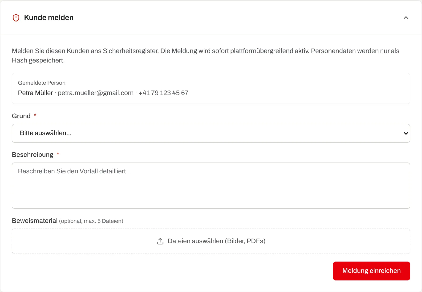 Dialog «Kunde melden» für das Sicherheitsregister mit Gründen und Hinweis zur Speicherung als Hash