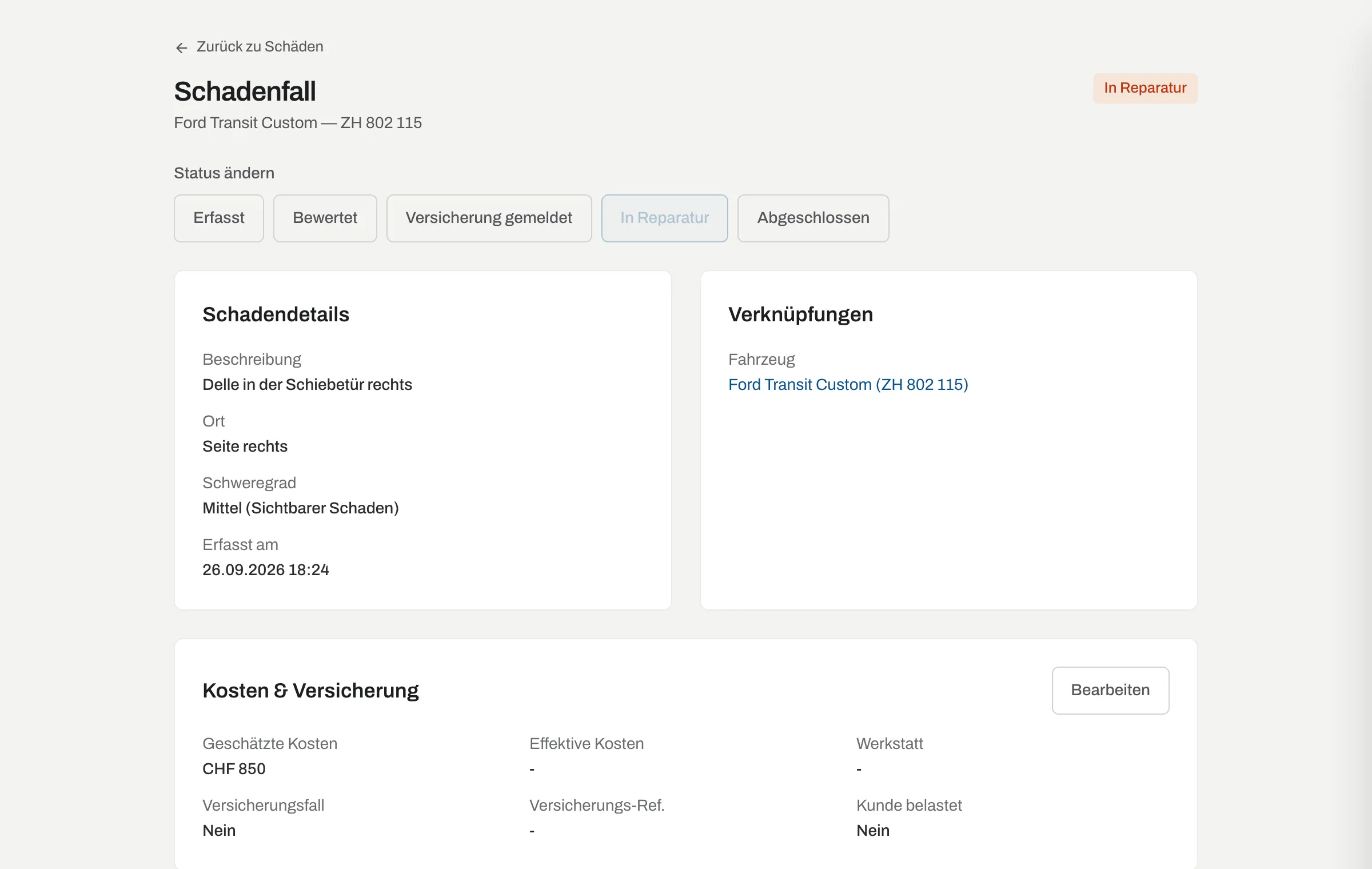 Schadenfall in Reparatur mit Status, Schadendetails, Kosten und Versicherung