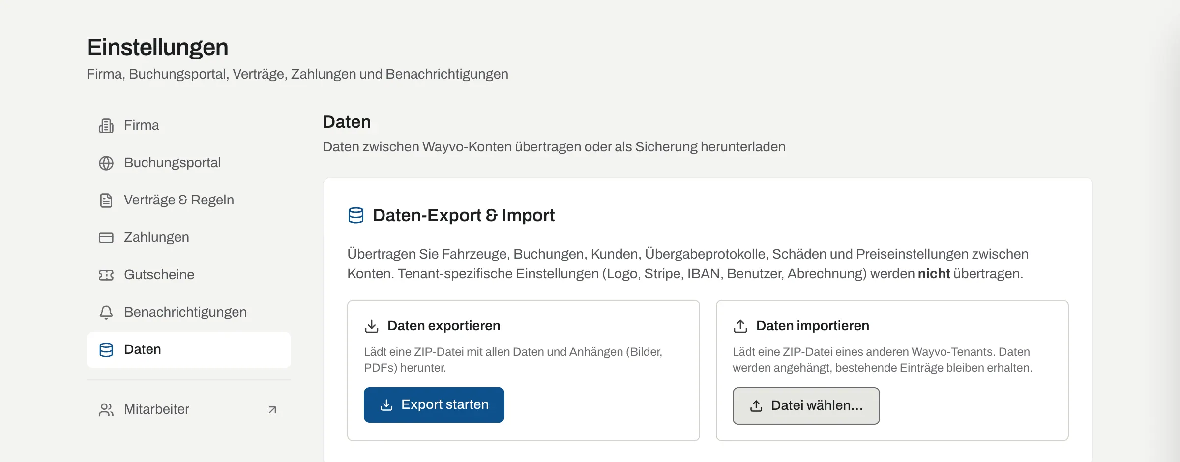 Einstellungen Daten mit Export als ZIP