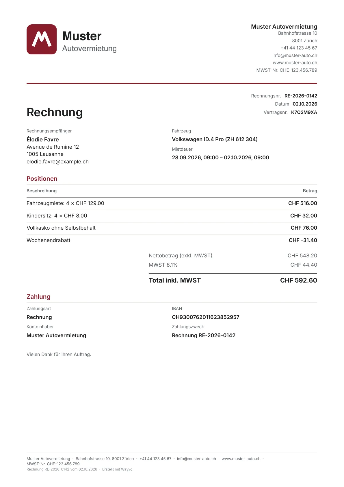 Rechnung im Design Klassisch: Logo links, Absender rechts, feine Linie in der Firmenfarbe