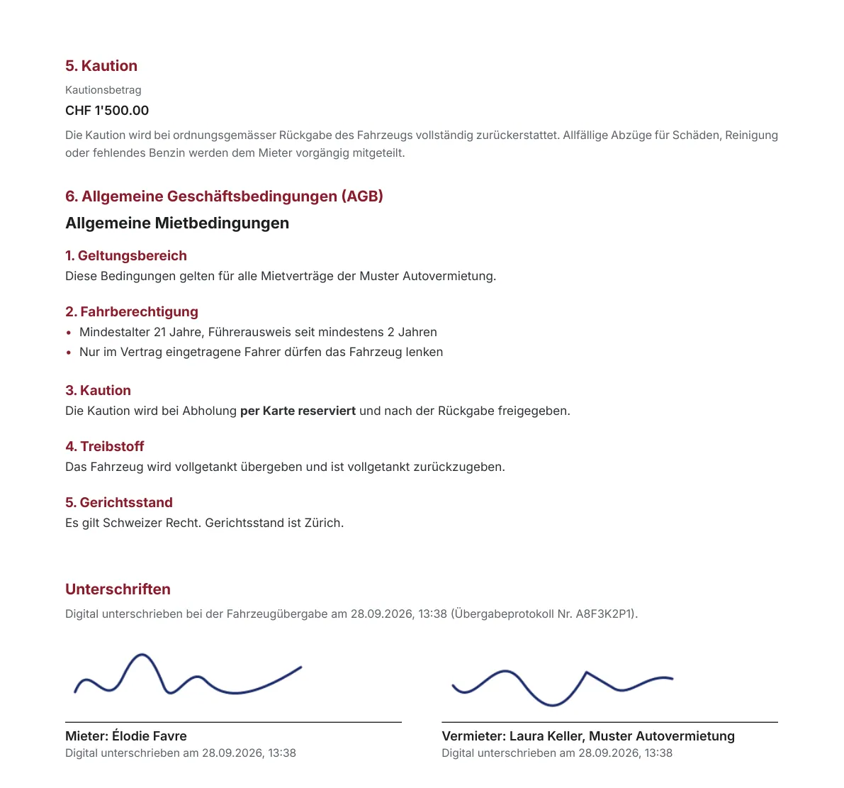 Mietvertrag der Muster Autovermietung im Design Modern mit formatierten AGB und den digitalen Unterschriften von Mieterin und Vermieter aus der Fahrzeugübergabe