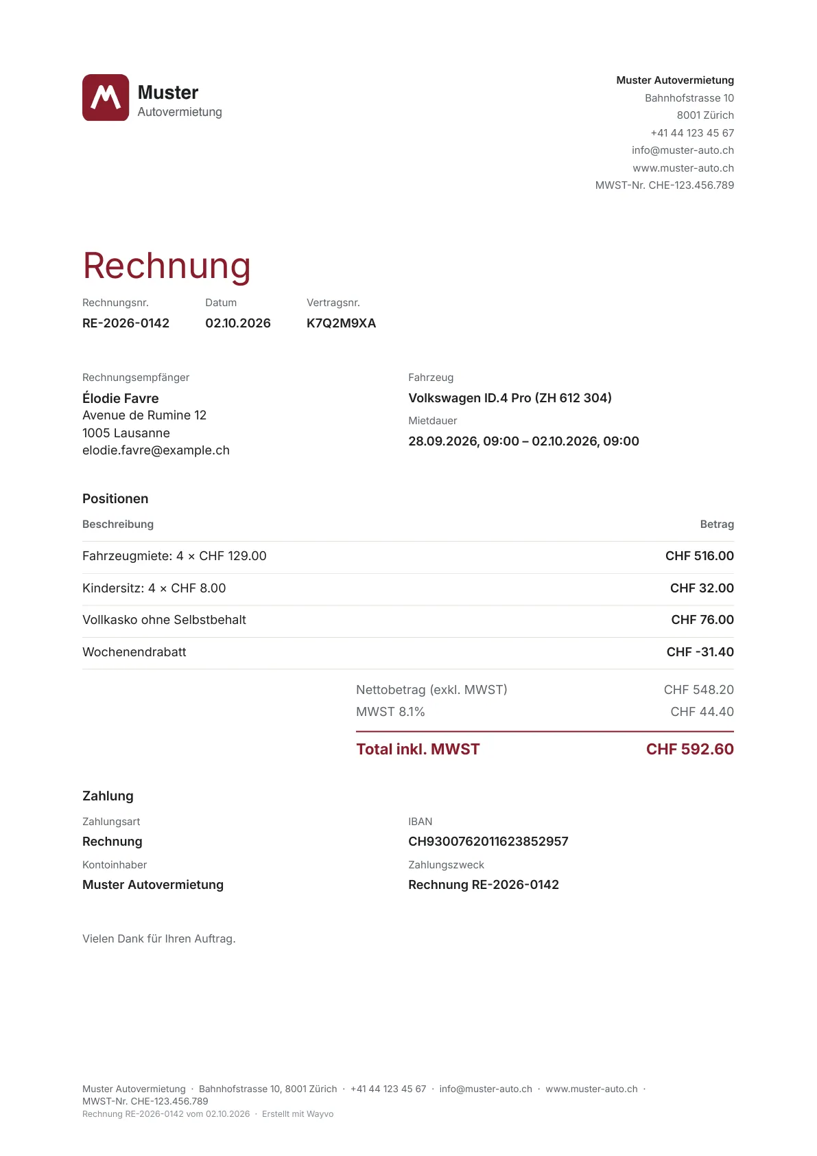 Rechnung im Design Minimal: viel Weissraum, Farbe nur im Titel und im Total