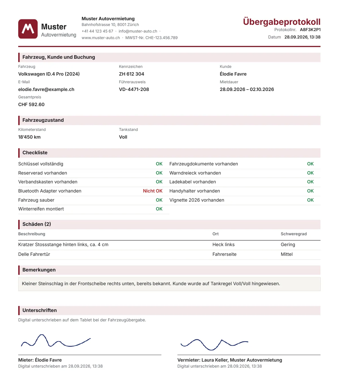 Übergabeprotokoll als PDF im Design Kompakt mit Logo der Muster Autovermietung, Checkliste, zwei Schäden, Bemerkung und den digitalen Unterschriften von Mieterin und Vermieter
