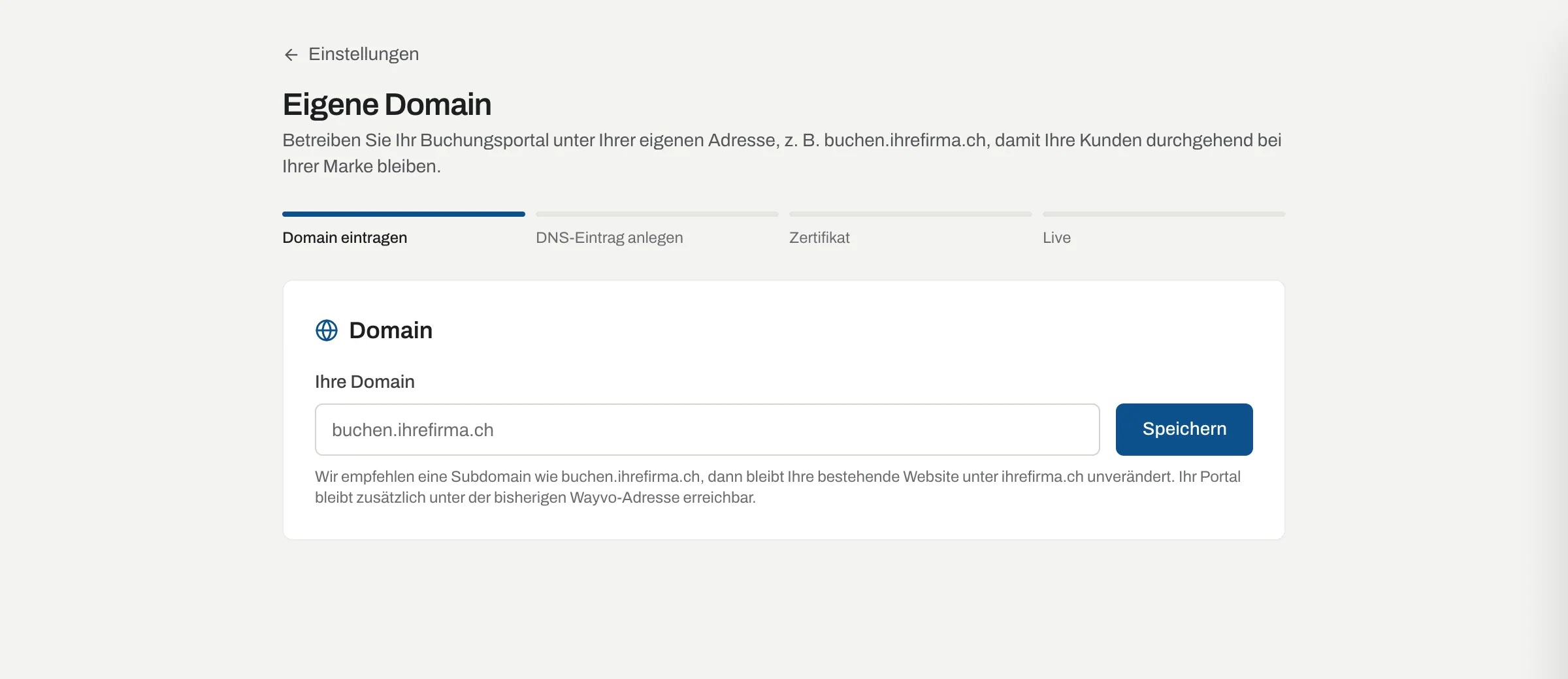 Einstellungen Eigene Domain mit den Schritten Domain eintragen, DNS-Eintrag, Zertifikat und Live