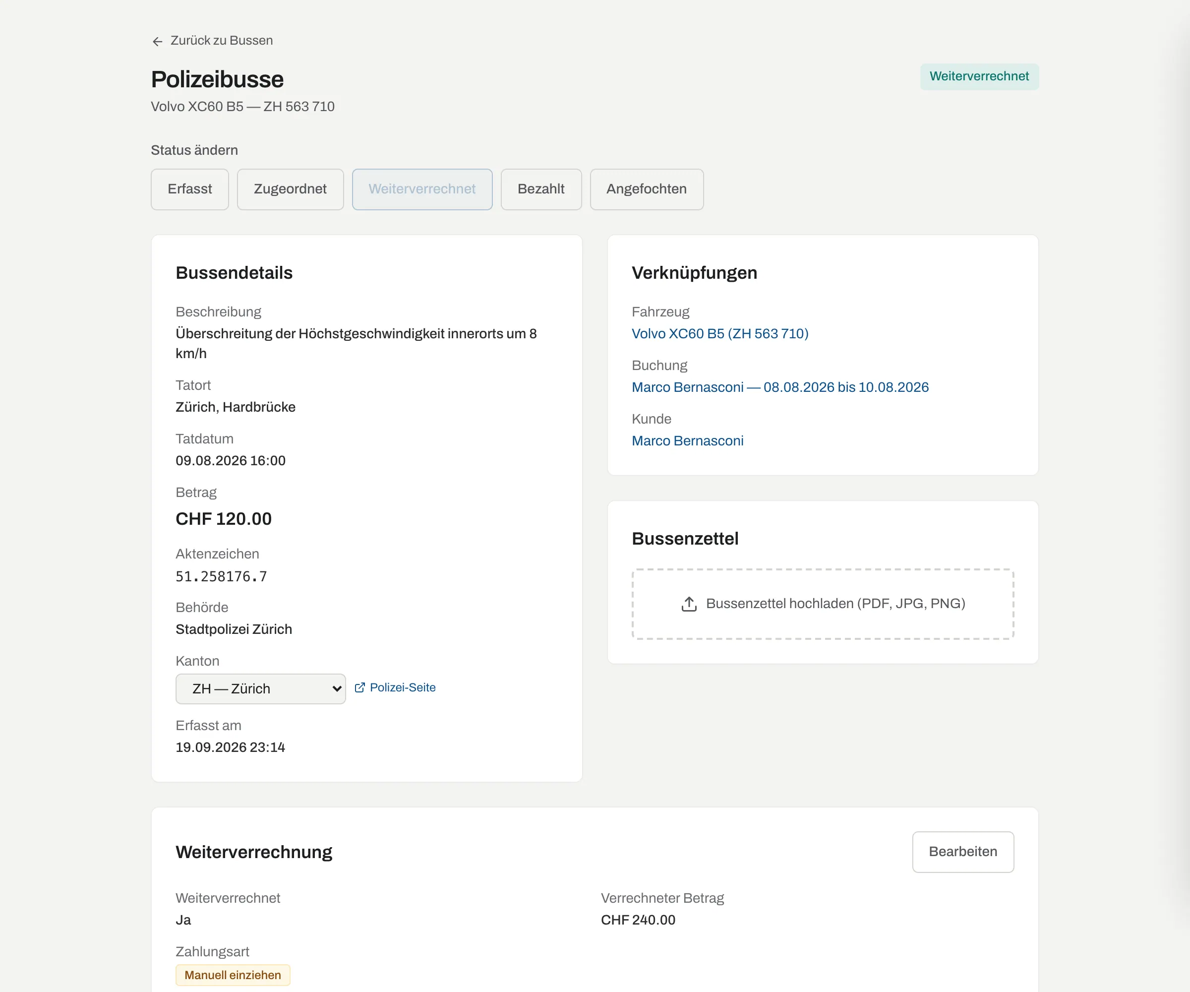 Bussendetail mit Verknüpfung zu Fahrzeug, Buchung und Kunde und Zahlungsaufforderung