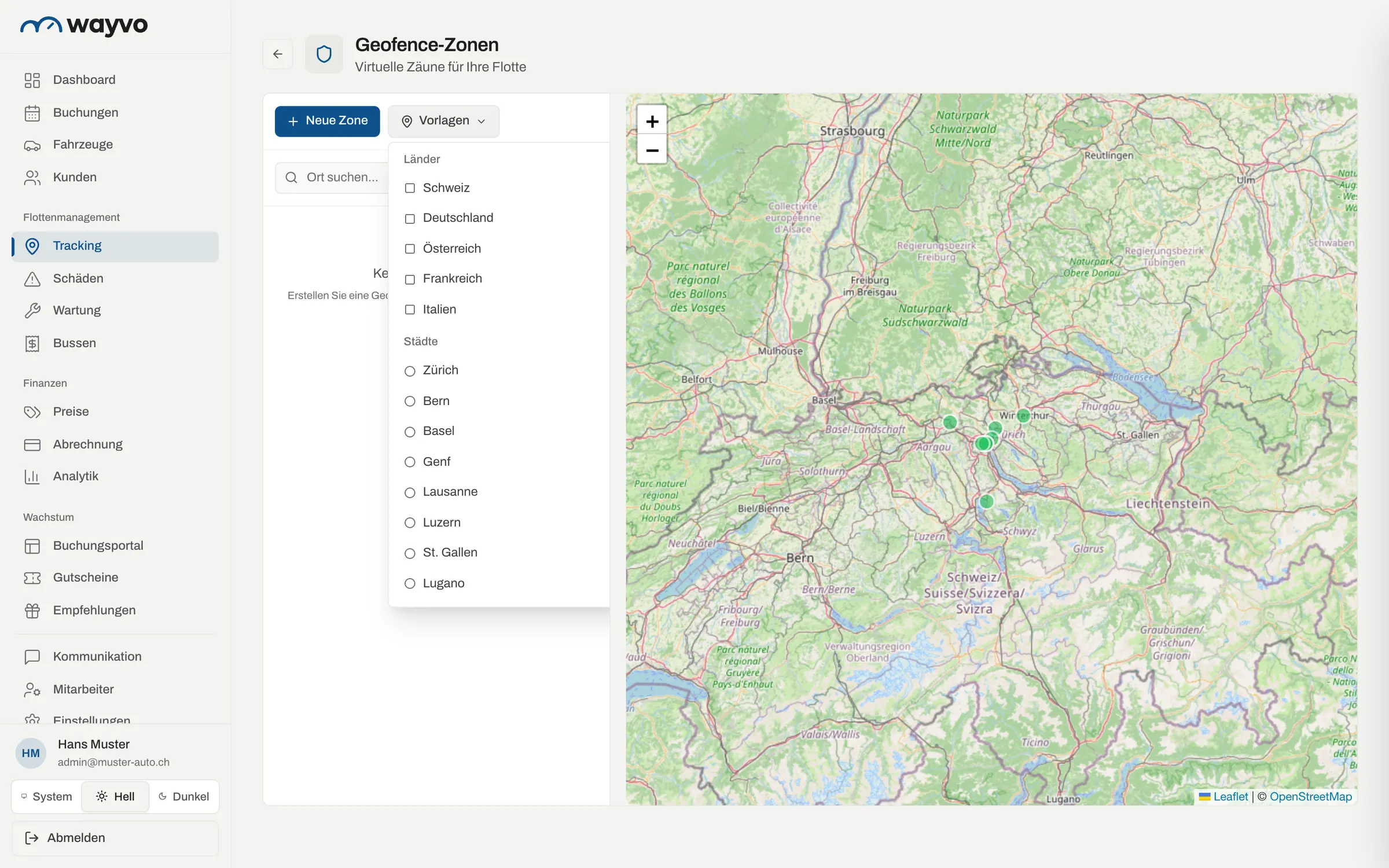 Geofence-Zonen mit Vorlagen für Länder und Städte