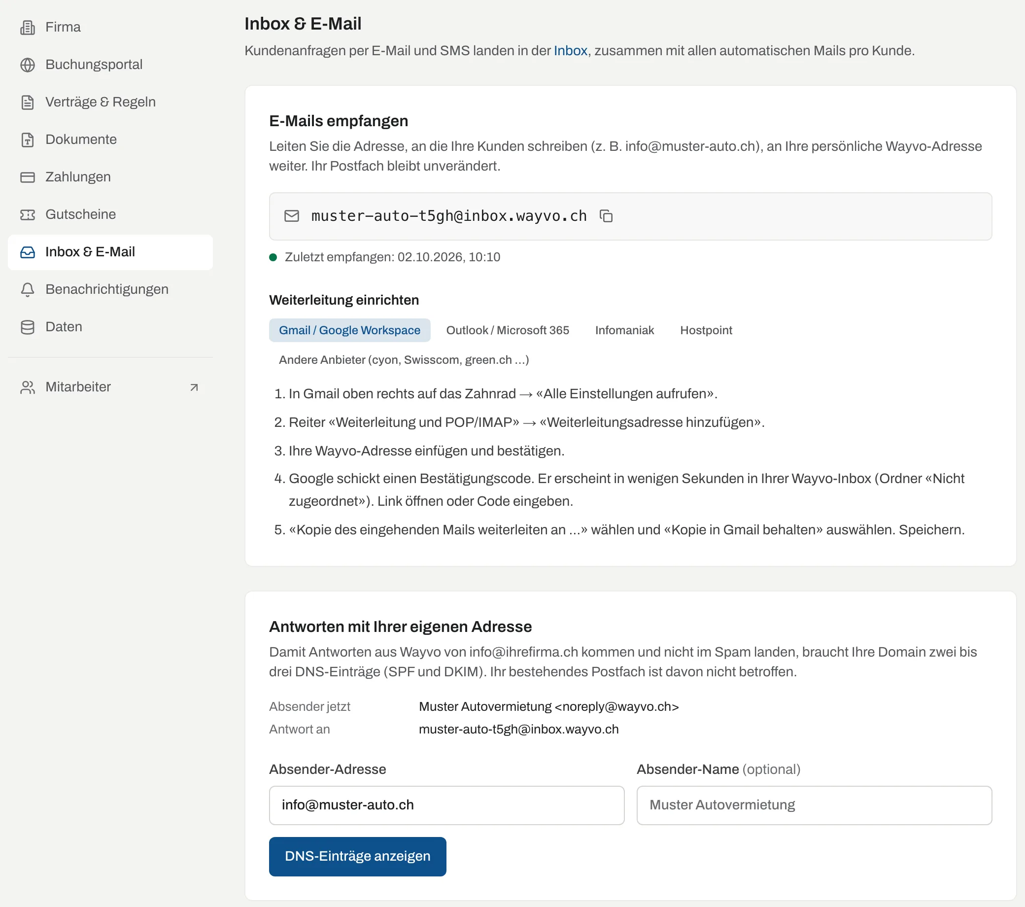 Einstellungen Inbox und E-Mail mit persönlicher Wayvo-Adresse und Anleitung zur Weiterleitung für Gmail, Outlook, Infomaniak und Hostpoint