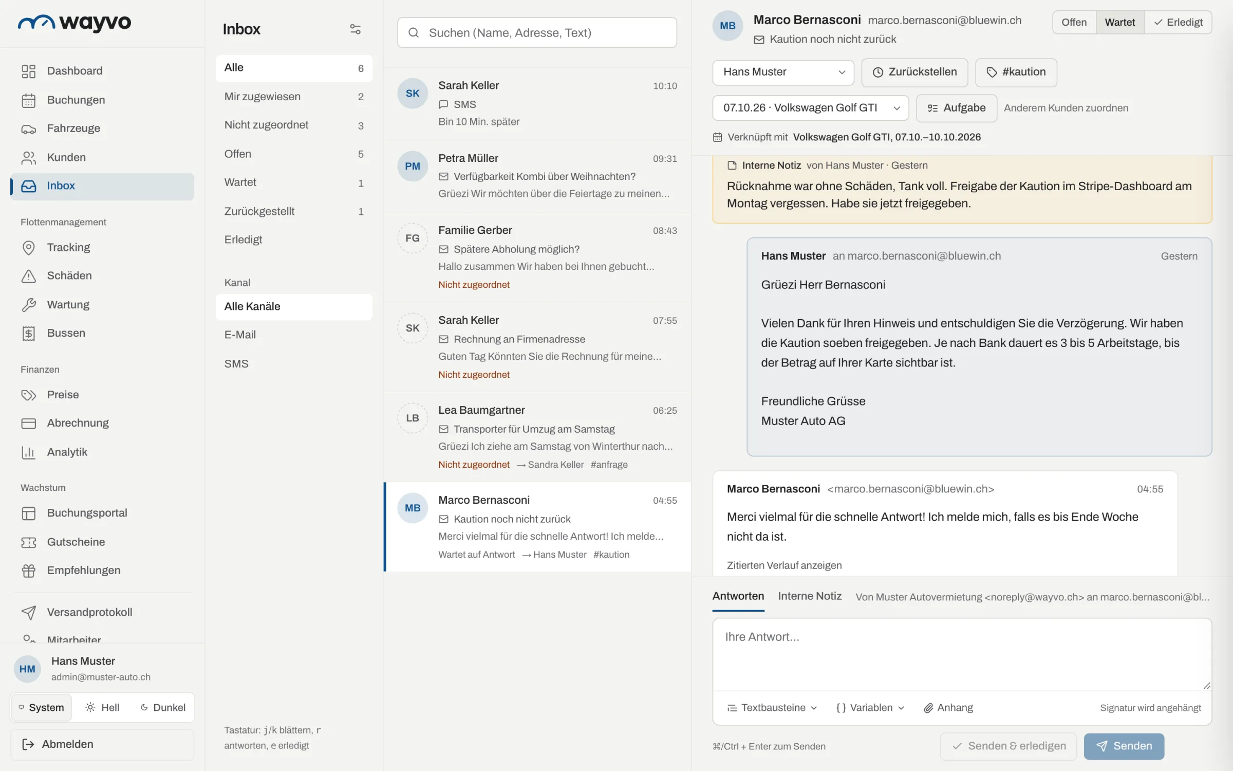 Wayvo Inbox mit Ordnern, Konversationen und geöffneter E-Mail von Marco Bernasconi mit Zuständigem, Label, verknüpfter Buchung und interner Notiz