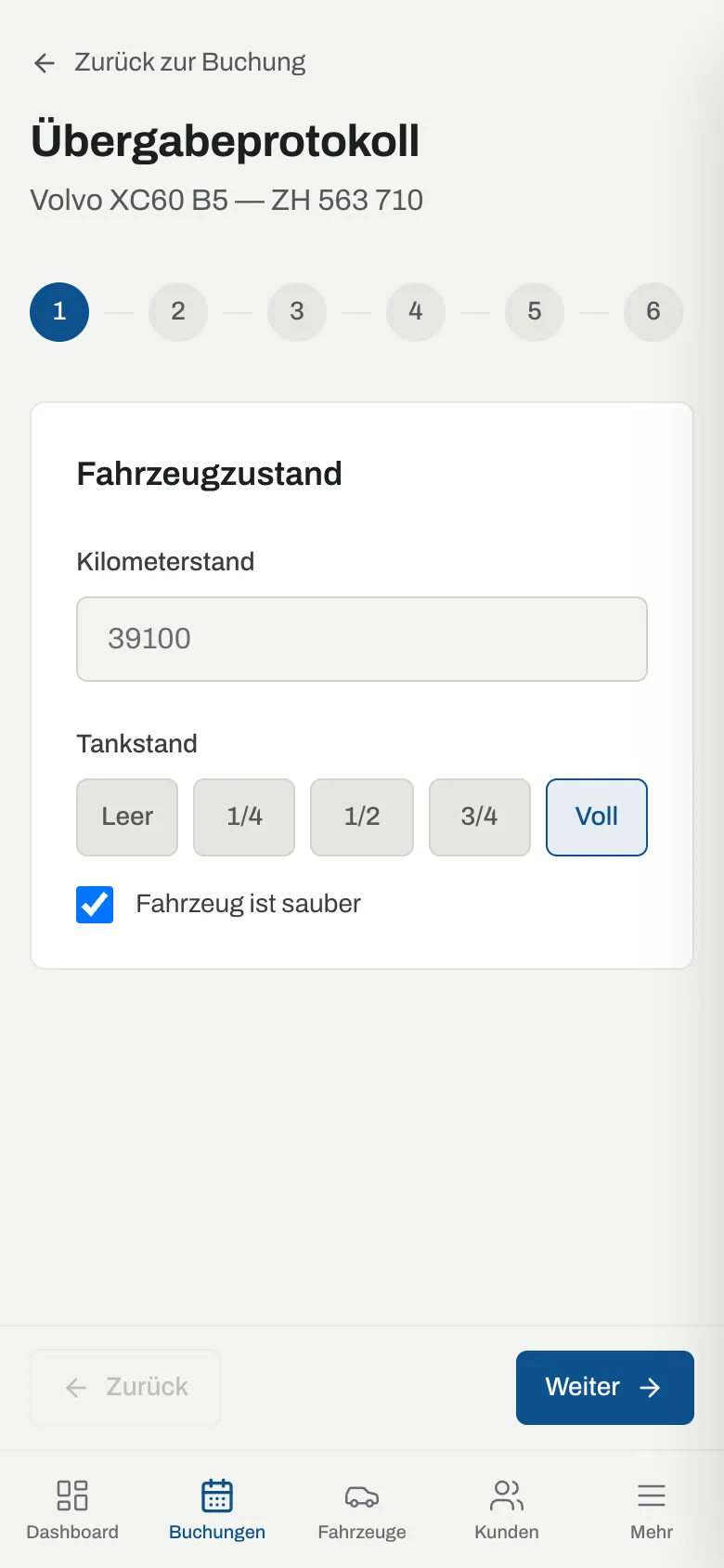 Übergabeprotokoll auf dem Smartphone mit Kilometerstand und Tankstand