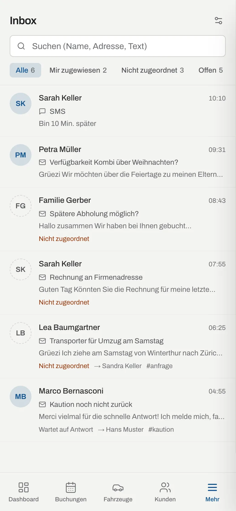 Wayvo Inbox auf dem Smartphone mit Liste der Konversationen