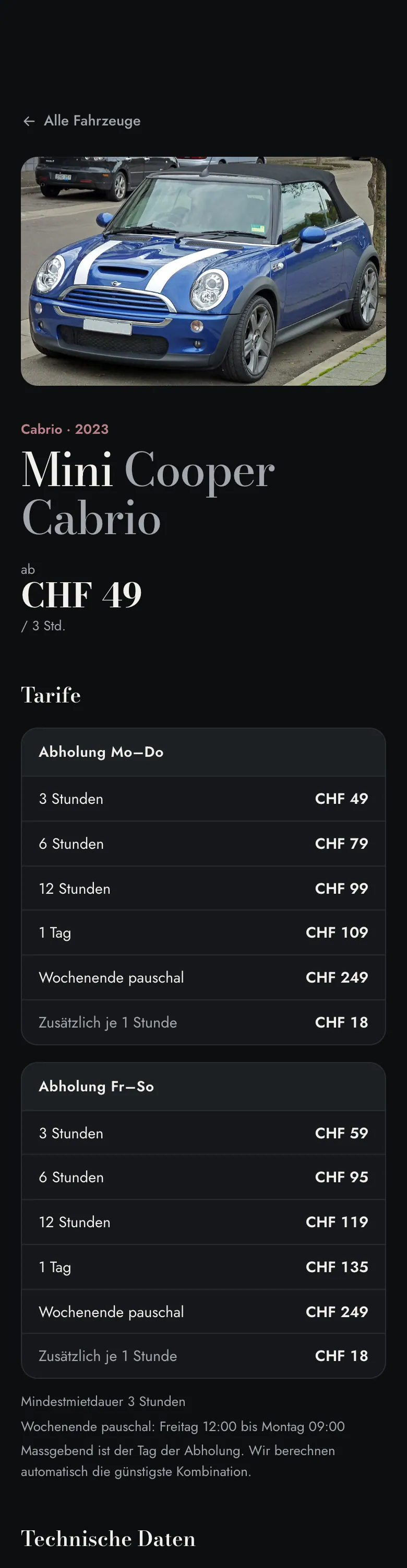 Fahrzeugseite im Buchungsportal auf dem Smartphone