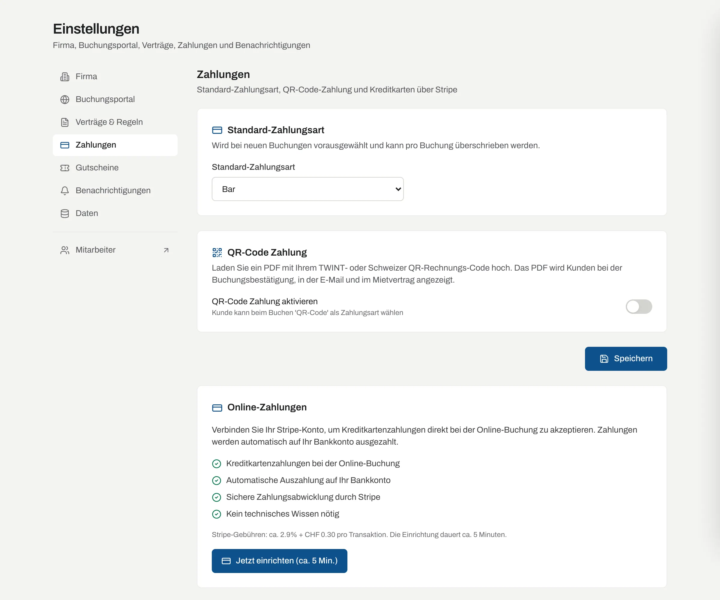 Einstellungen Zahlungen mit Standard-Zahlungsart, QR-Code-Zahlung und Online-Zahlungen über Stripe