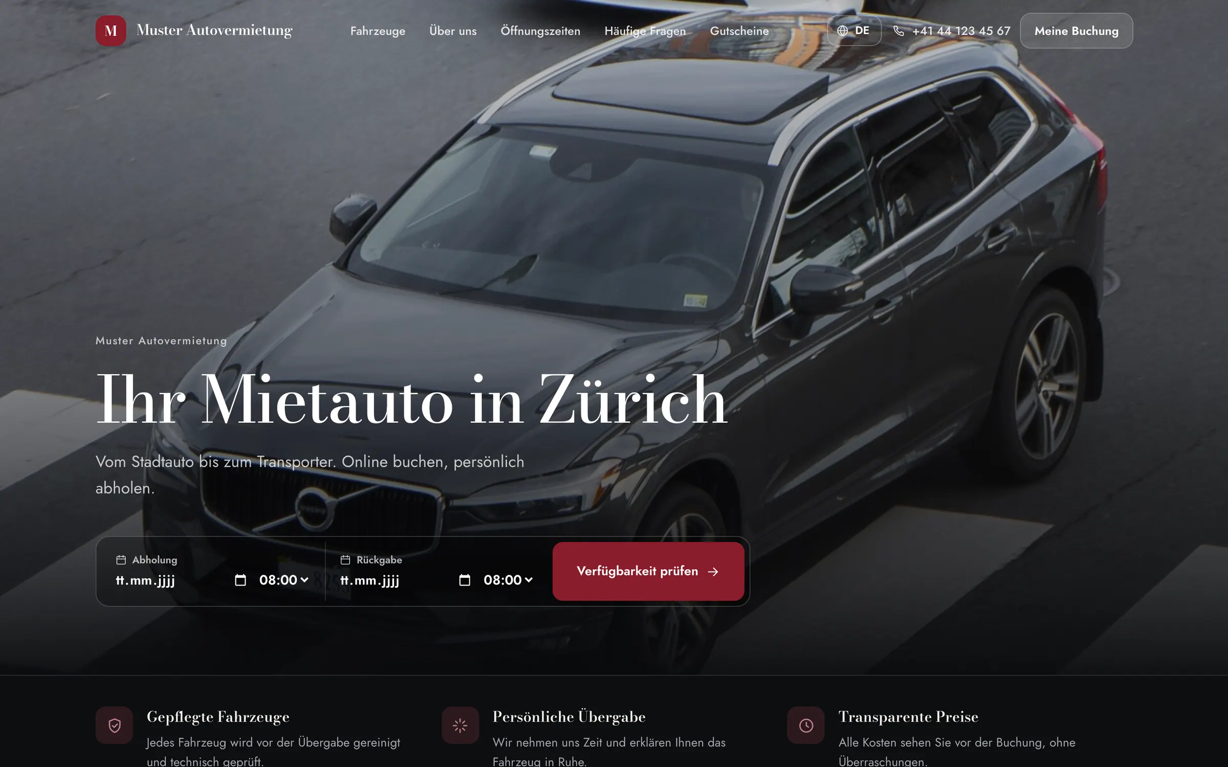Buchungsportal der Muster Autovermietung in der Vorlage Premium mit Titelbild und Suche nach Abholung und Rückgabe