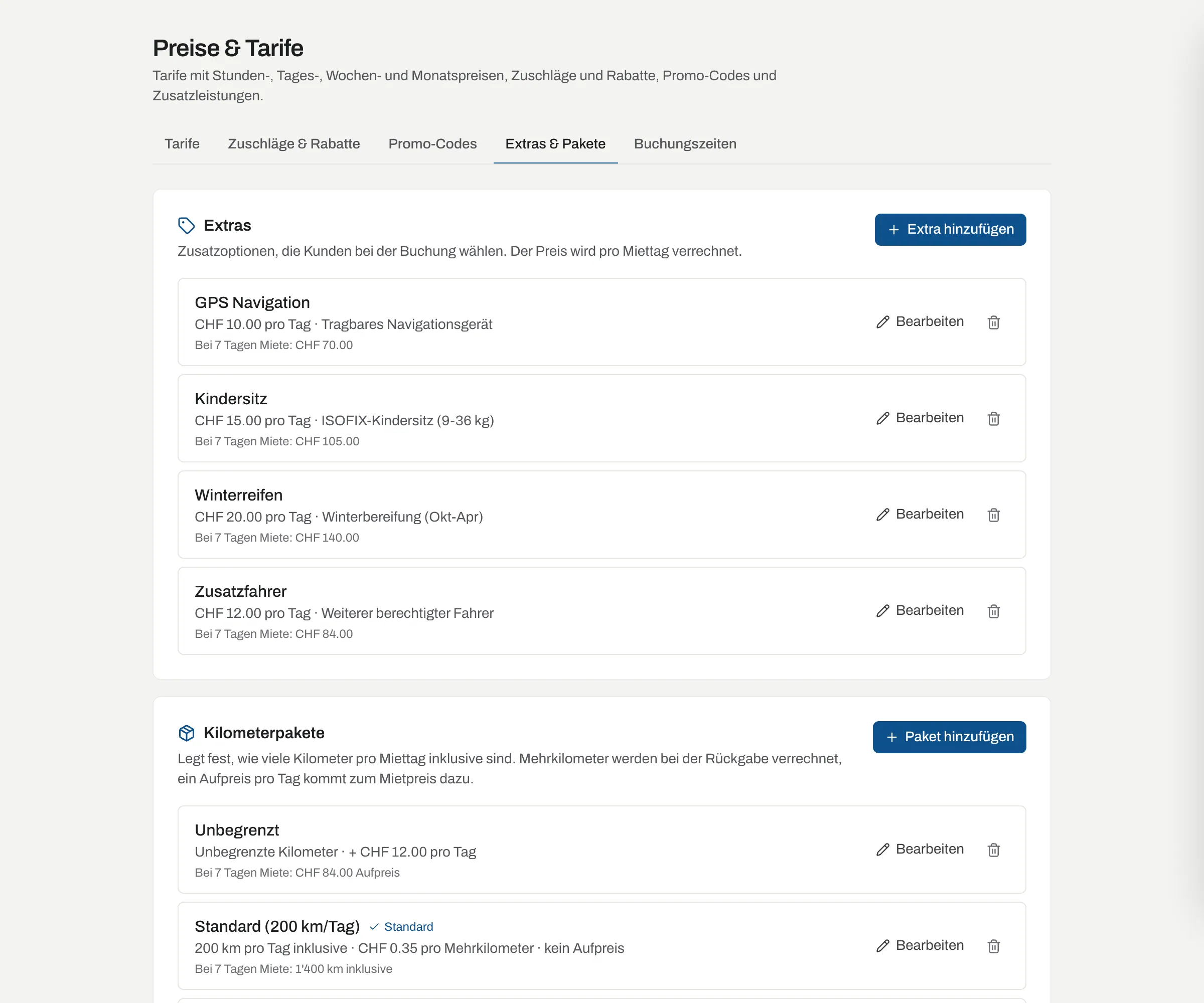 Extras, Kilometerpakete und Versicherungspakete