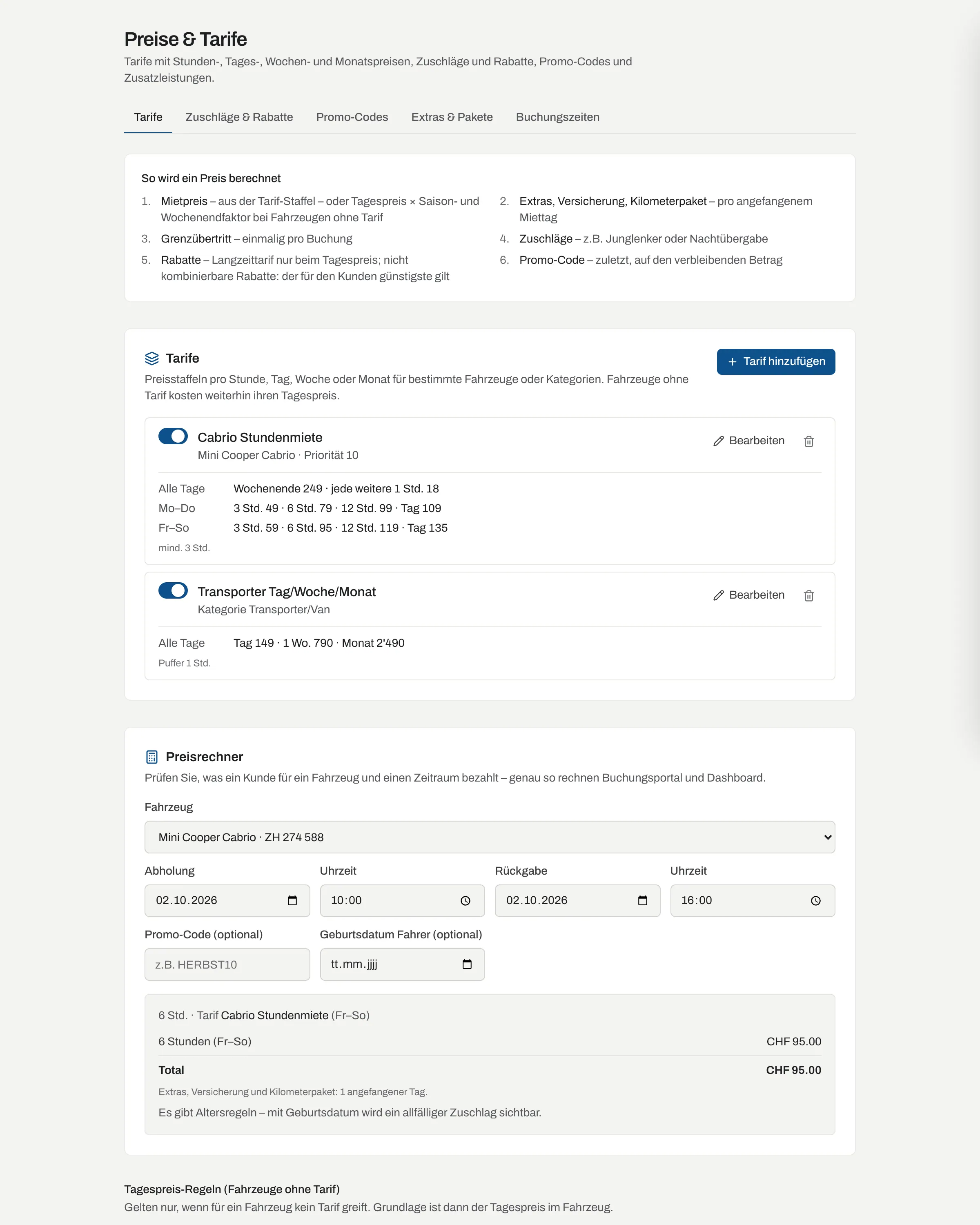 Preise und Tarife mit den Tarifen Cabrio Stundenmiete und Transporter Tag/Woche/Monat und dem Preisrechner