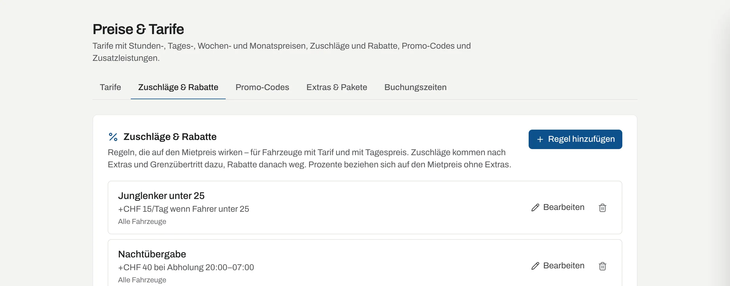 Zuschläge und Rabatte mit Junglenker unter 25, Nachtübergabe und Frühbucher
