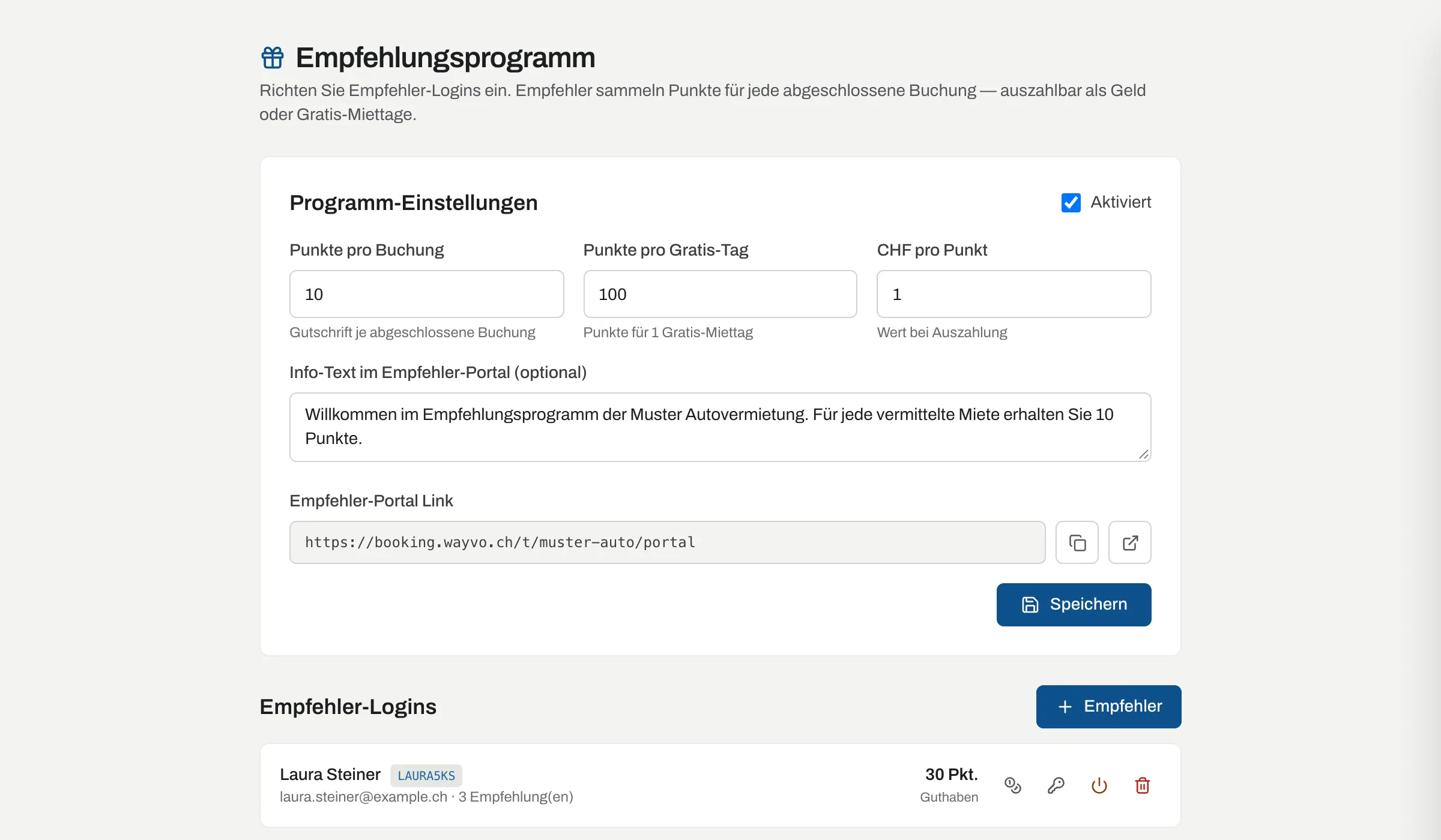 Empfehlungsprogramm mit Punkten pro Buchung und Empfehlern wie Hotel und Garage