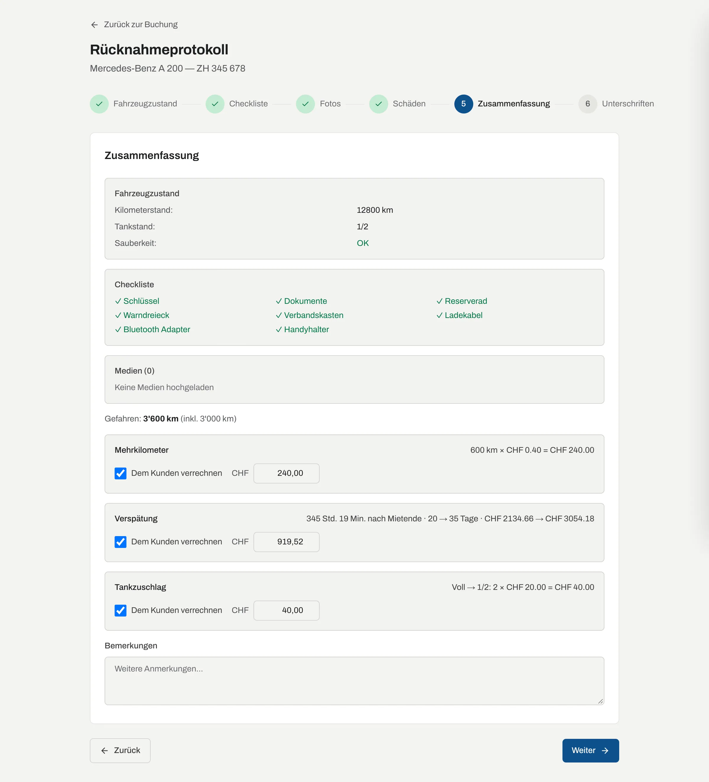 Rücknahmeprotokoll mit 3600 gefahrenen Kilometern, 600 Mehrkilometern, Verspätung und Tankzuschlag