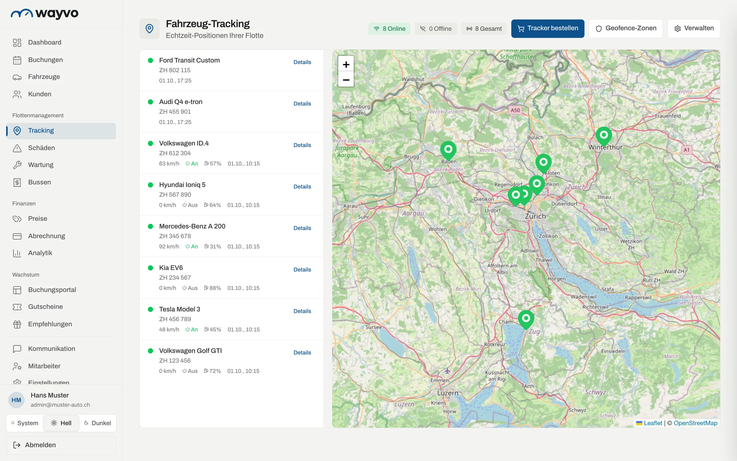 Live-Karte mit Fahrzeugpositionen im Raum Zürich und Fahrzeugliste mit Geschwindigkeit, Zündung und Tankstand