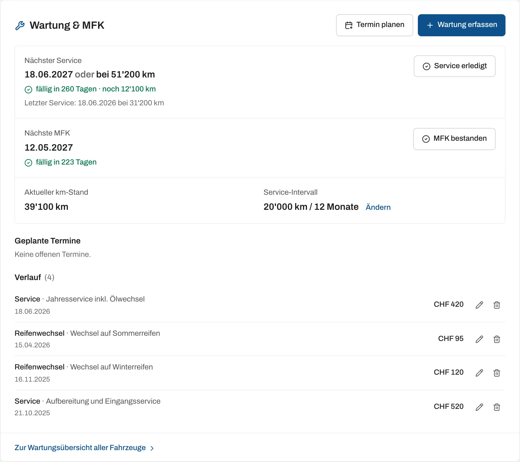 Wartung und MFK mit nächstem Service, nächster MFK, Service-Intervall und Verlauf