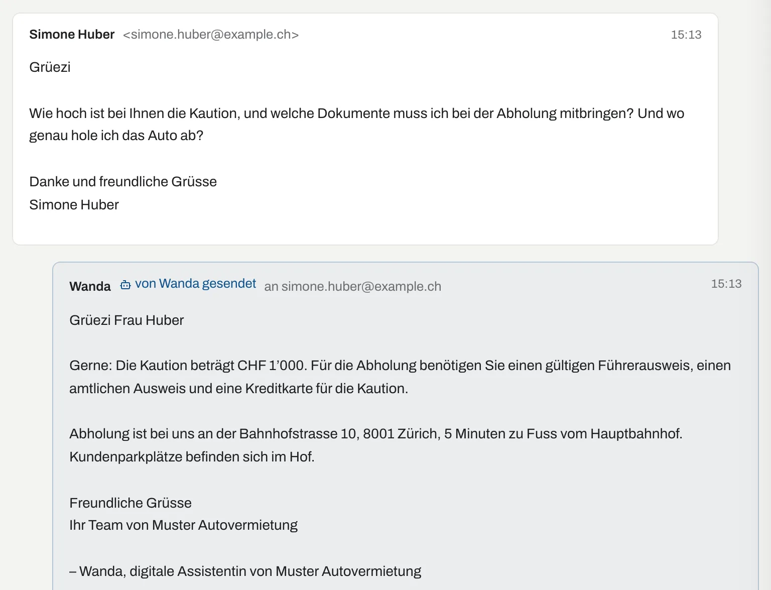 Frage von Simone Huber nach Kaution, Dokumenten und Abholort, darunter die automatisch gesendete Antwort von Wanda mit Kaution, benötigten Dokumenten und Adresse