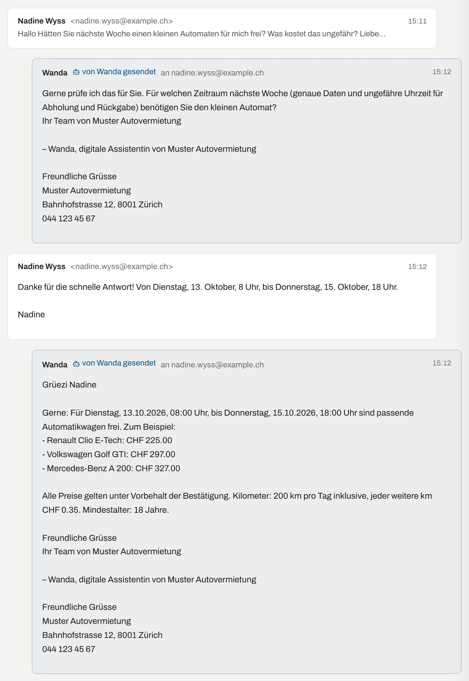 Verlauf mit Nadine Wyss: Anfrage ohne Datum, automatisch gesendete Rückfrage von Wanda nach dem Zeitraum, Antwort der Kundin mit Daten und Wandas Antwort mit drei freien Automatikwagen und Preisen