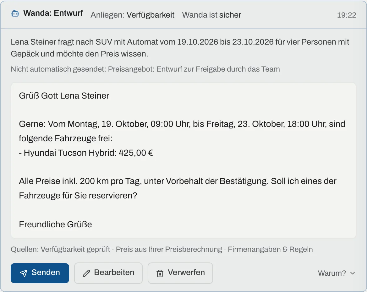 Kundenanfrage in der Inbox mit Wandas Antwortentwurf und Quellen