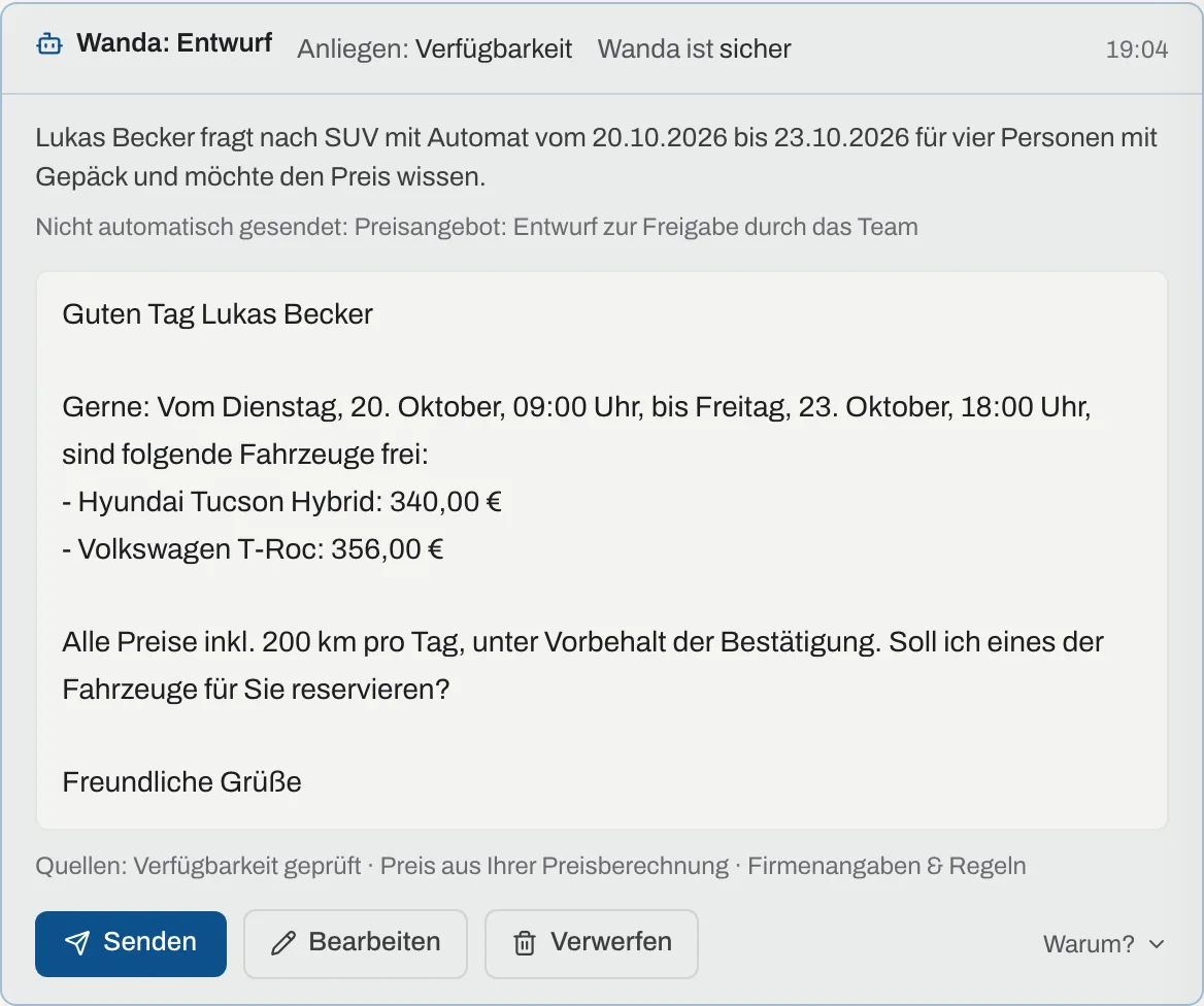 Kundenanfrage in der Inbox mit Wandas Antwortentwurf und Quellen