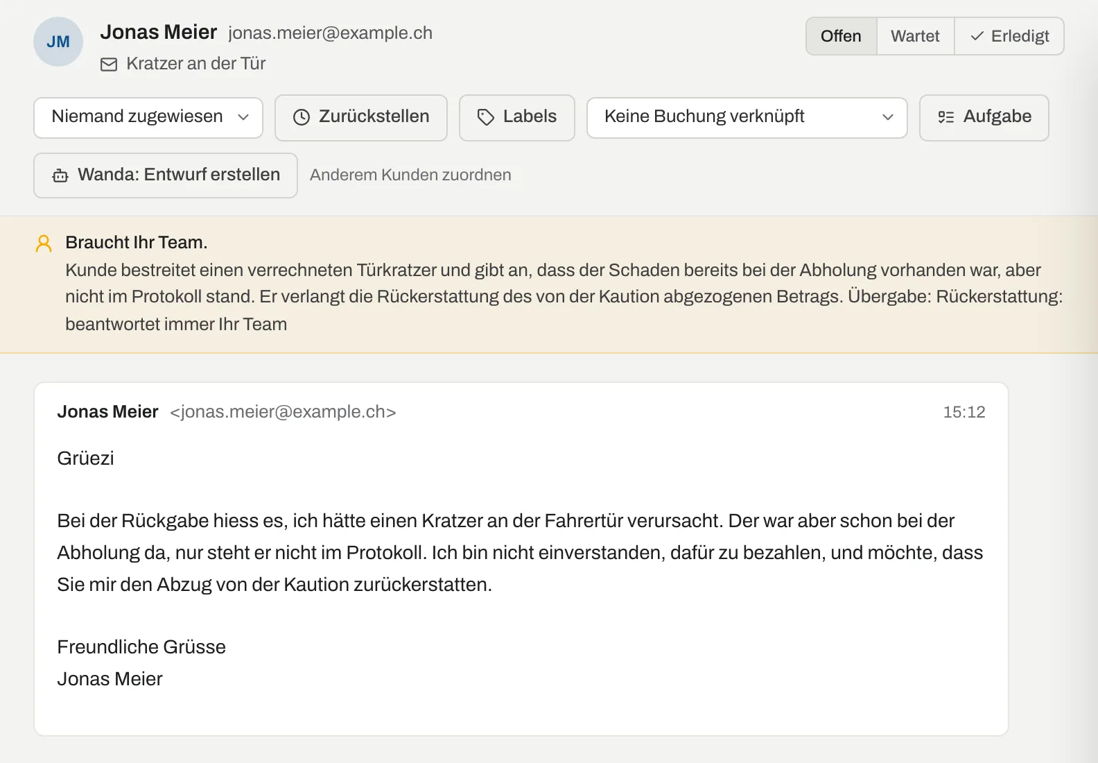 Konversation mit Jonas Meier zu einem bestrittenen Kratzer mit Hinweis «Braucht Ihr Team», Zusammenfassung und Grund «Rückerstattung: beantwortet immer Ihr Team»