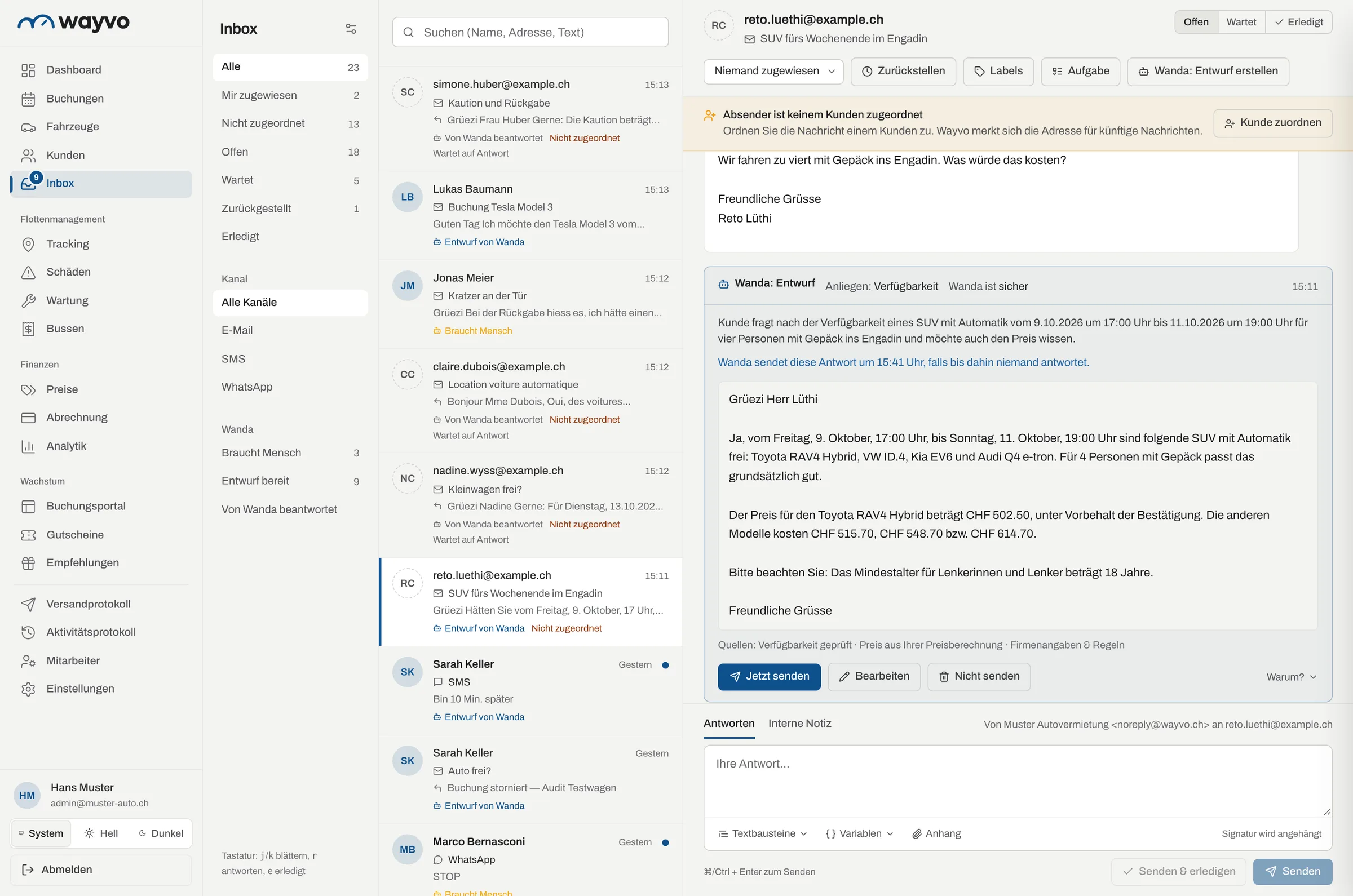 Wayvo Inbox mit Konversationen und geöffneter Anfrage nach einem SUV fürs Wochenende: Wanda hat die Antwort mit freien Fahrzeugen und Preisen vorbereitet und sendet sie um 15:41 Uhr, falls bis dahin niemand antwortet