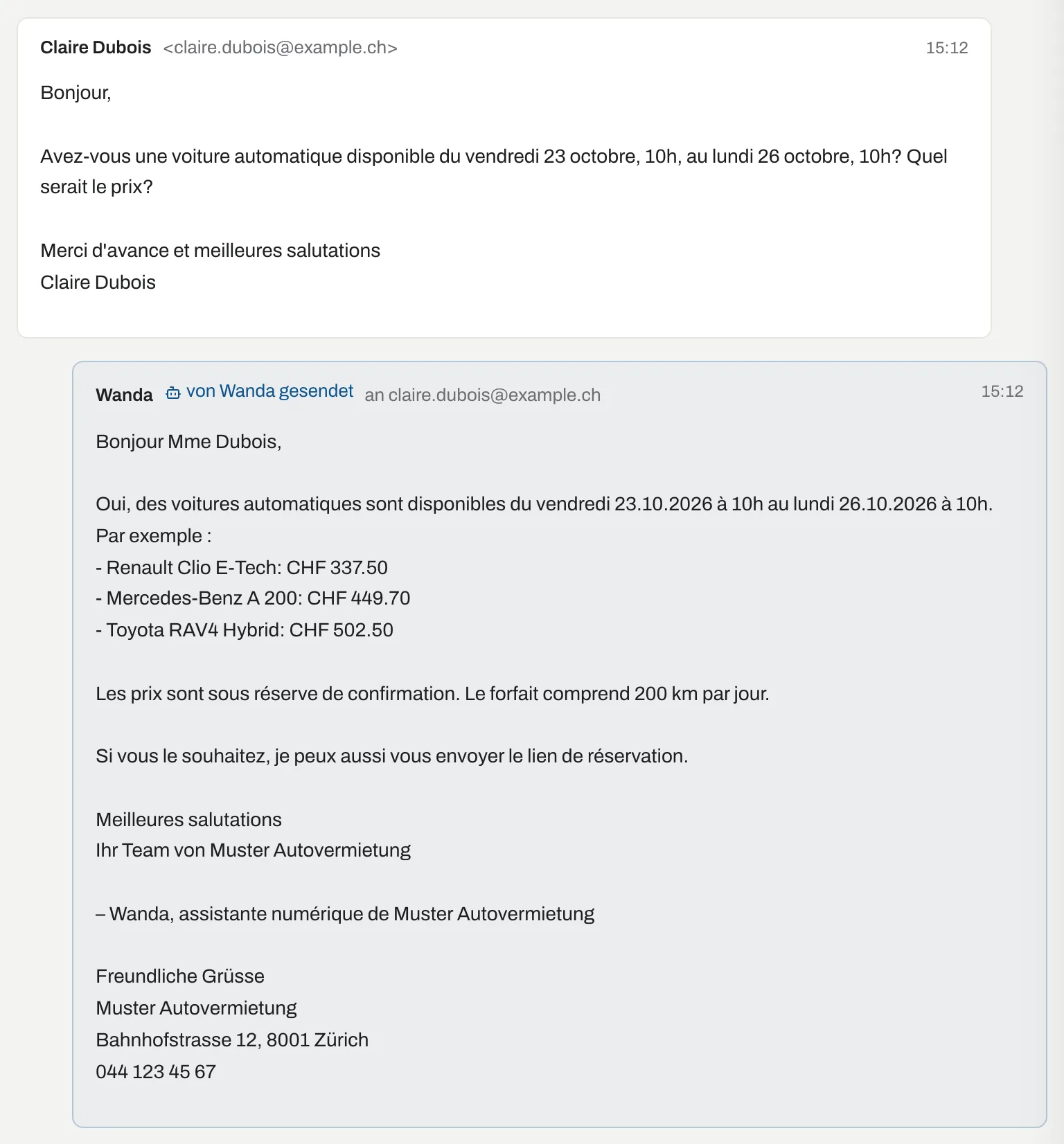 Anfrage von Claire Dubois auf Französisch und die automatisch gesendete Antwort von Wanda auf Französisch mit drei Automatikwagen und Preisen