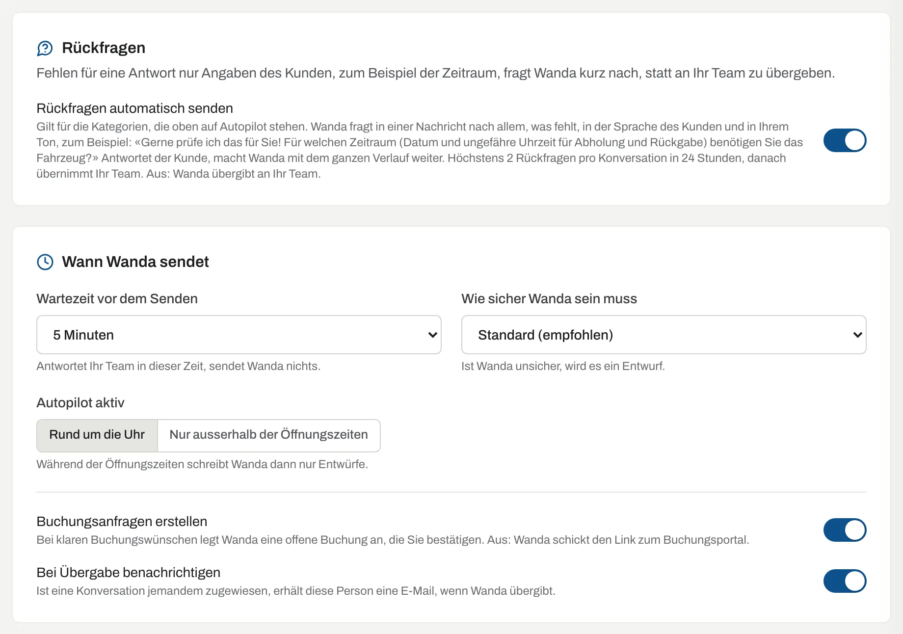 Einstellungen Rückfragen automatisch senden, Wartezeit 5 Minuten, Sicherheit Standard, Autopilot rund um die Uhr oder nur ausserhalb der Öffnungszeiten, Buchungsanfragen erstellen und Benachrichtigung bei Übergabe