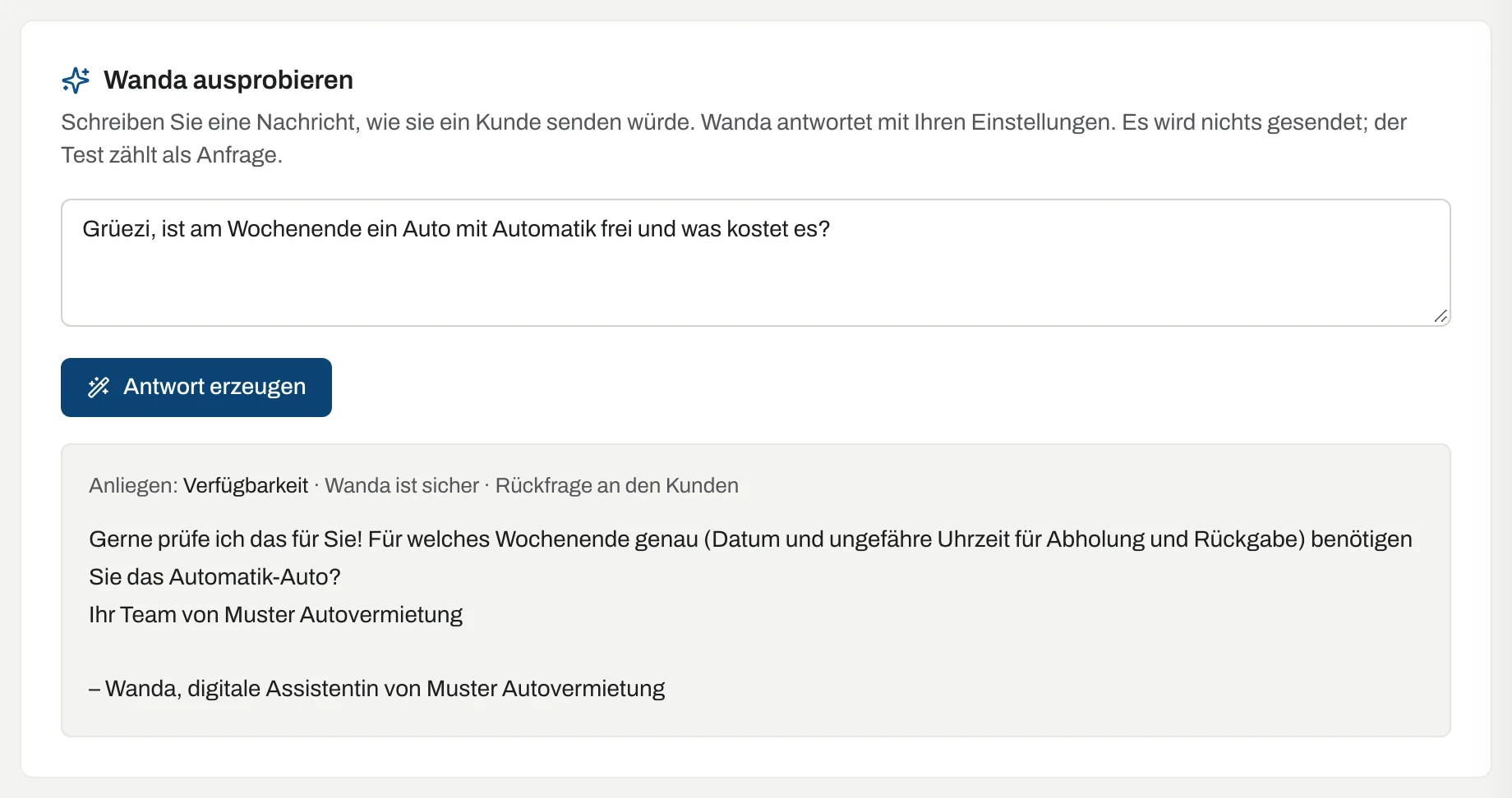 Testfeld «Wanda ausprobieren» mit der Nachricht «Ist am Wochenende ein Auto mit Automatik frei und was kostet es?» und Wandas Rückfrage nach dem genauen Wochenende