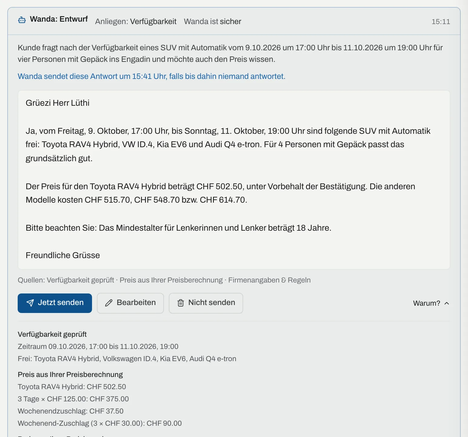 Wanda-Entwurf mit Anliegen Verfügbarkeit, «Wanda ist sicher», Zusammenfassung, Antworttext, Quellen und geöffnetem «Warum?» mit geprüftem Zeitraum, freien Fahrzeugen und Preisberechnung des Toyota RAV4 Hybrid