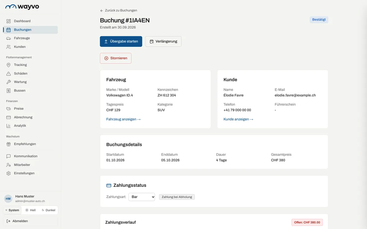 Wayvo Autovermietung Software: echte Produktansicht mit Demo-Daten