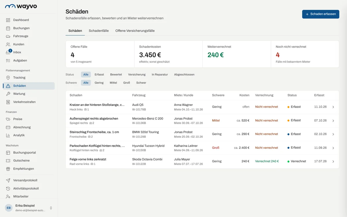 Schadenübersicht mit Fahrzeug, Beschreibung, Schwere und Status