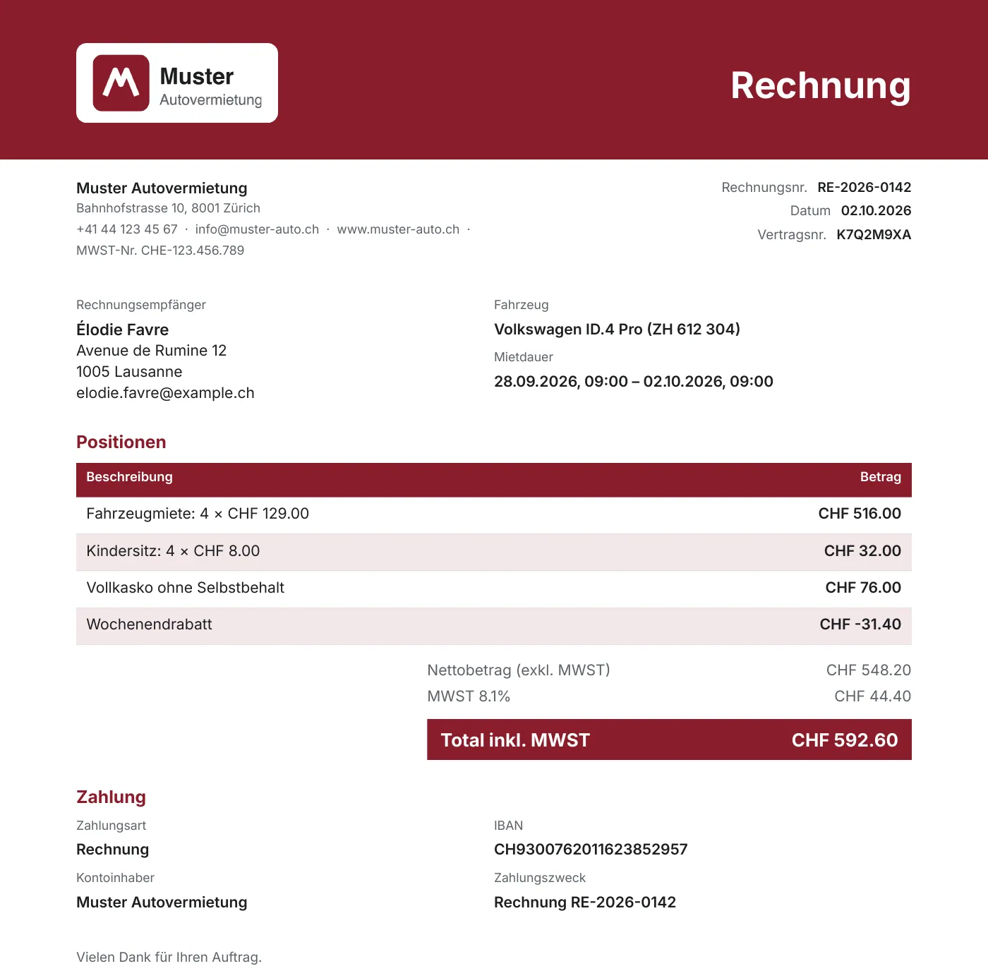Rechnung einer Autovermietung mit Mietpositionen und ausgewiesener MWST von 8,1 %