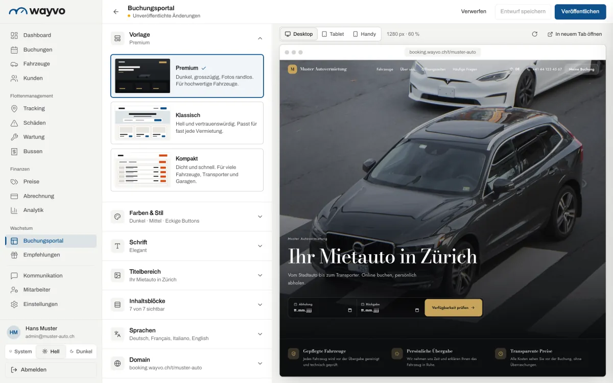 Wayvo Autovermietung Software: echte Produktansicht mit Demo-Daten
