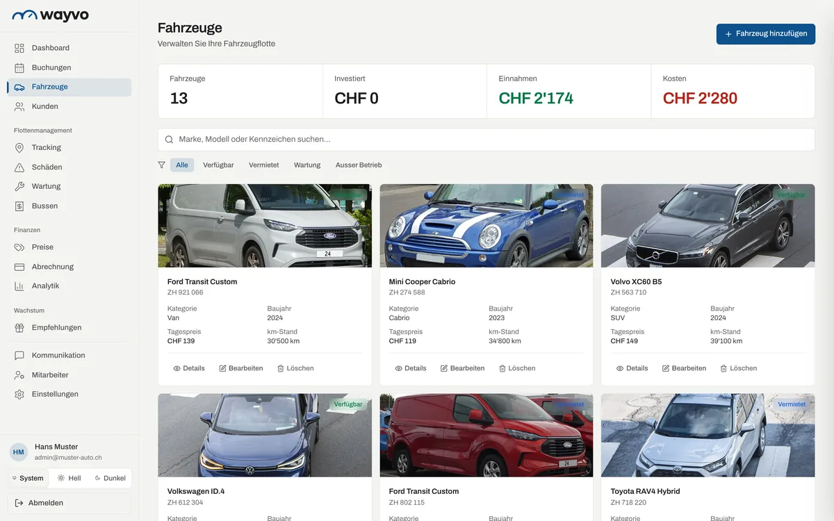 Wayvo Autovermietung Software: echte Produktansicht mit Demo-Daten